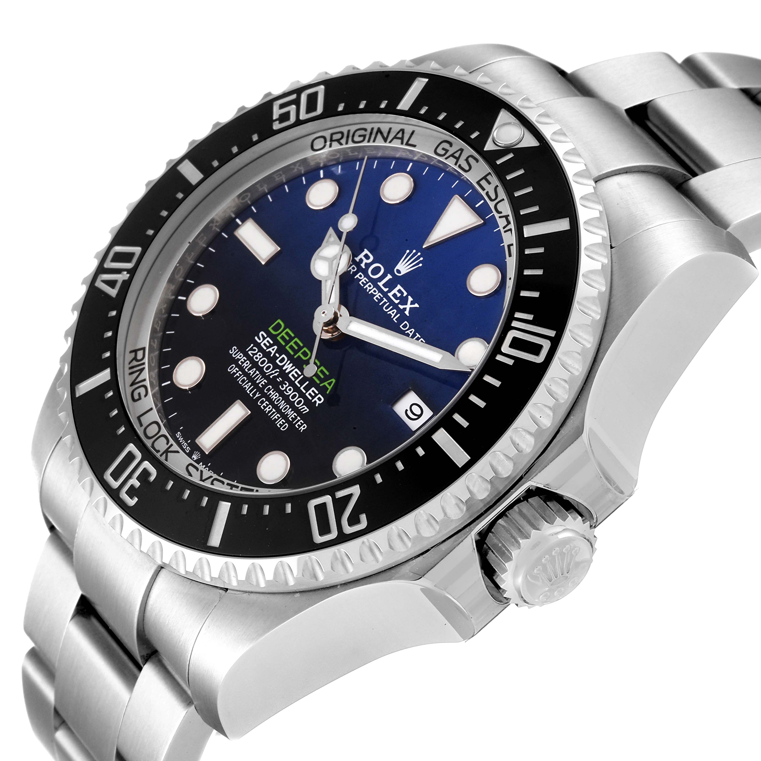 The image shows a close-up angled view of a Rolex Sea-Dweller 126660 Men's Stainless Steel Blue Dial 126660 Men's Stainless Steel Blue Dial, focusing on the dial, bezel, crown, and bracelet.