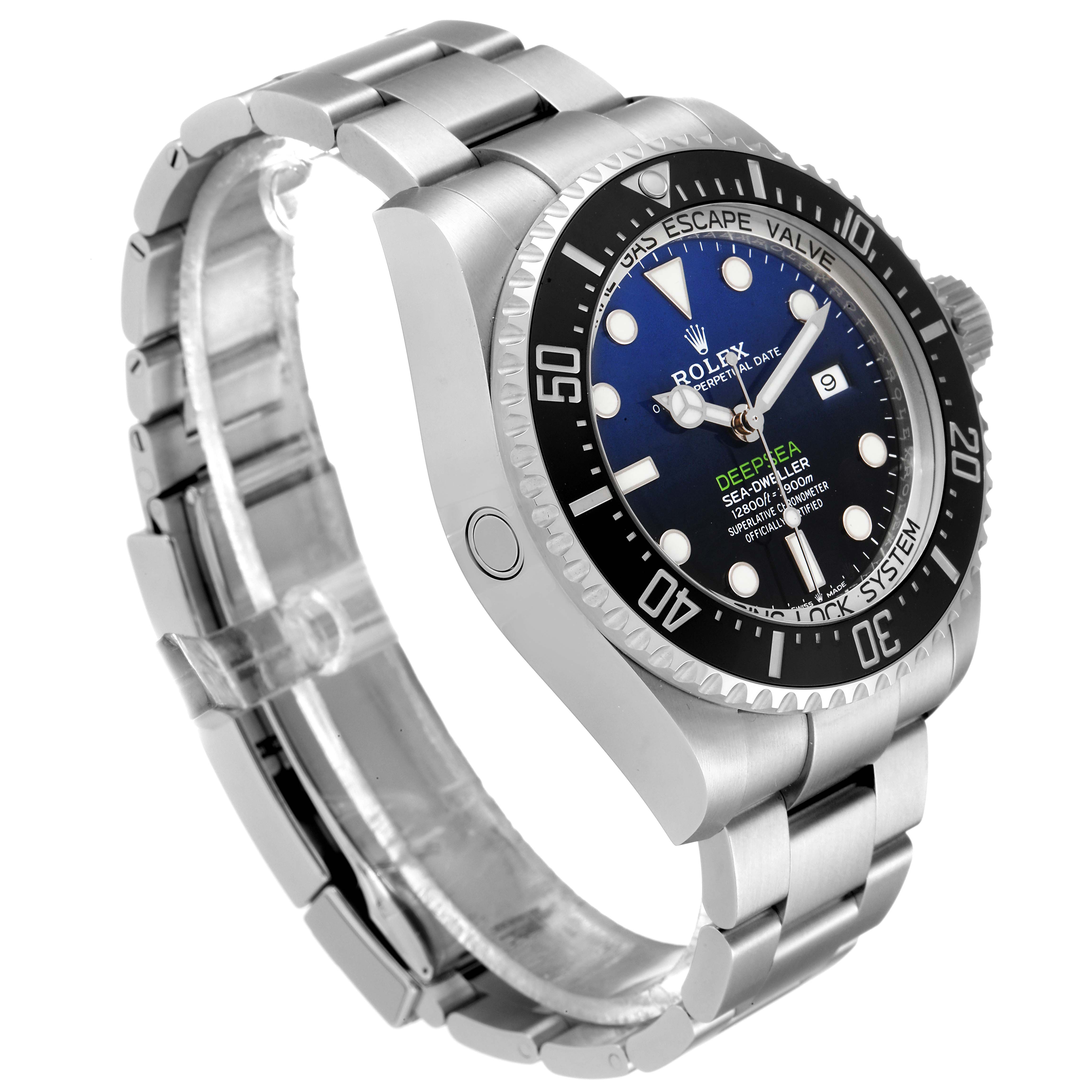 The Rolex Sea-Dweller 126660 Men's Stainless Steel Blue Dial 126660 Men's Stainless Steel Blue Dial watch is shown at a three-quarter angle, featuring its dial, bezel, bracelet, and helium escape valve.