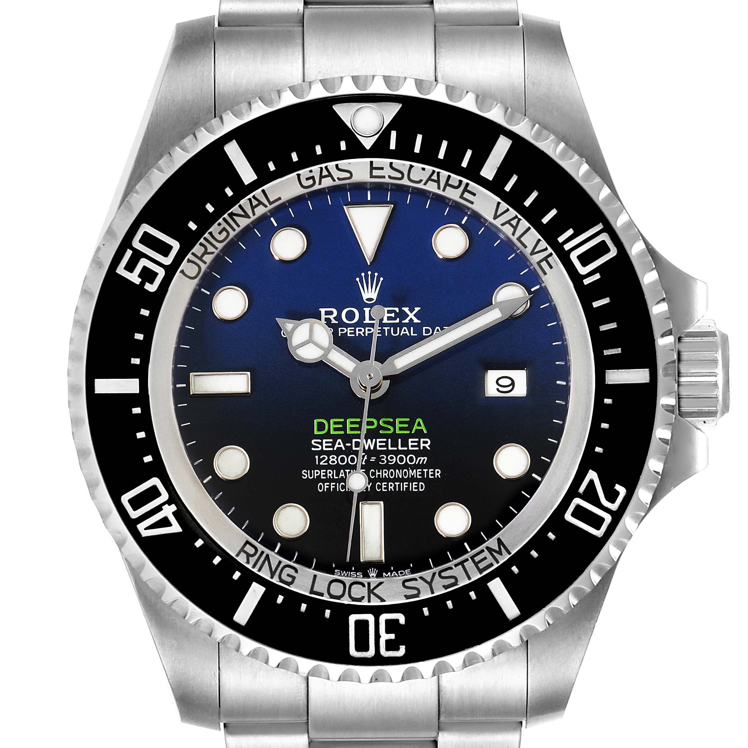 The image shows a front view of the Rolex Sea-Dweller 126660 Men
s Stainless Steel Blue Dial 126660 Men
s Stainless Steel Blue Dial Deepsea model displaying its face, bezel, hands, markers, and part of the bracelet.
