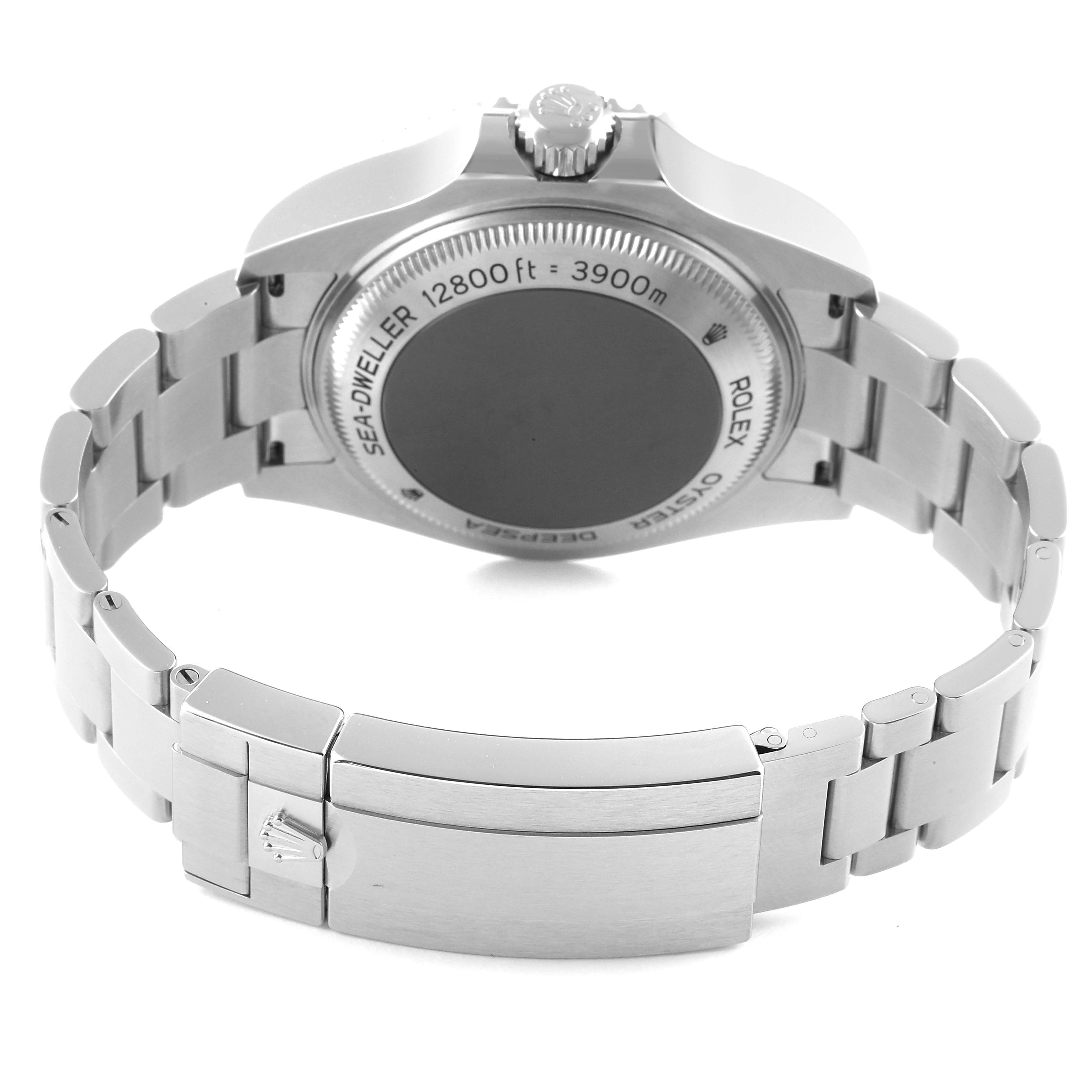 The image shows the back and bracelet of the Rolex Sea-Dweller 126660 Men
s Stainless Steel Blue Dial 126660 Men
s Stainless Steel Blue Dial watch from an angled rear view.