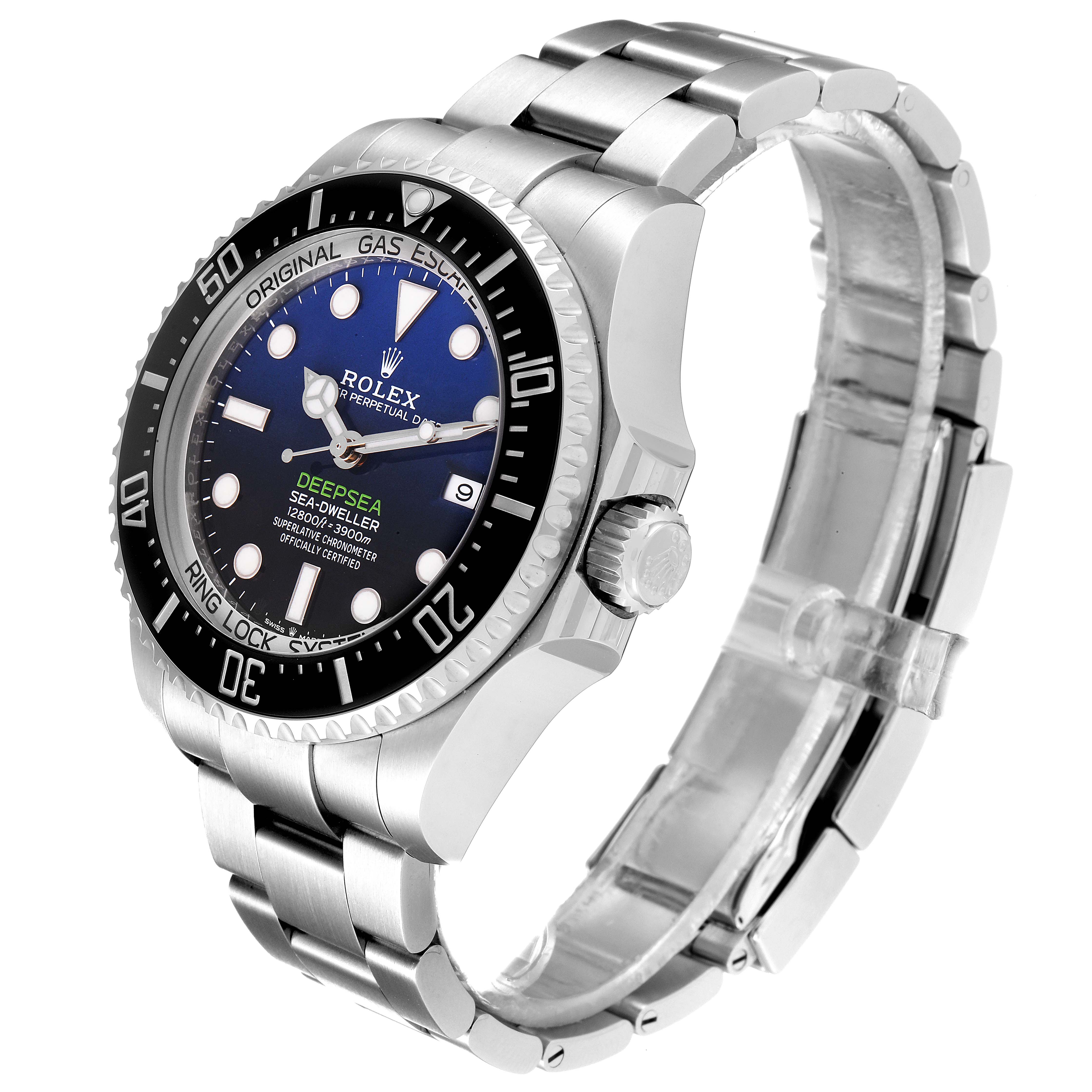 The image shows a Rolex Sea-Dweller 126660 Men
s Stainless Steel Blue Dial 126660 Men
s Stainless Steel Blue Dial watch at a 3/4 angle, highlighting the face, bezel, crown, and part of the bracelet.