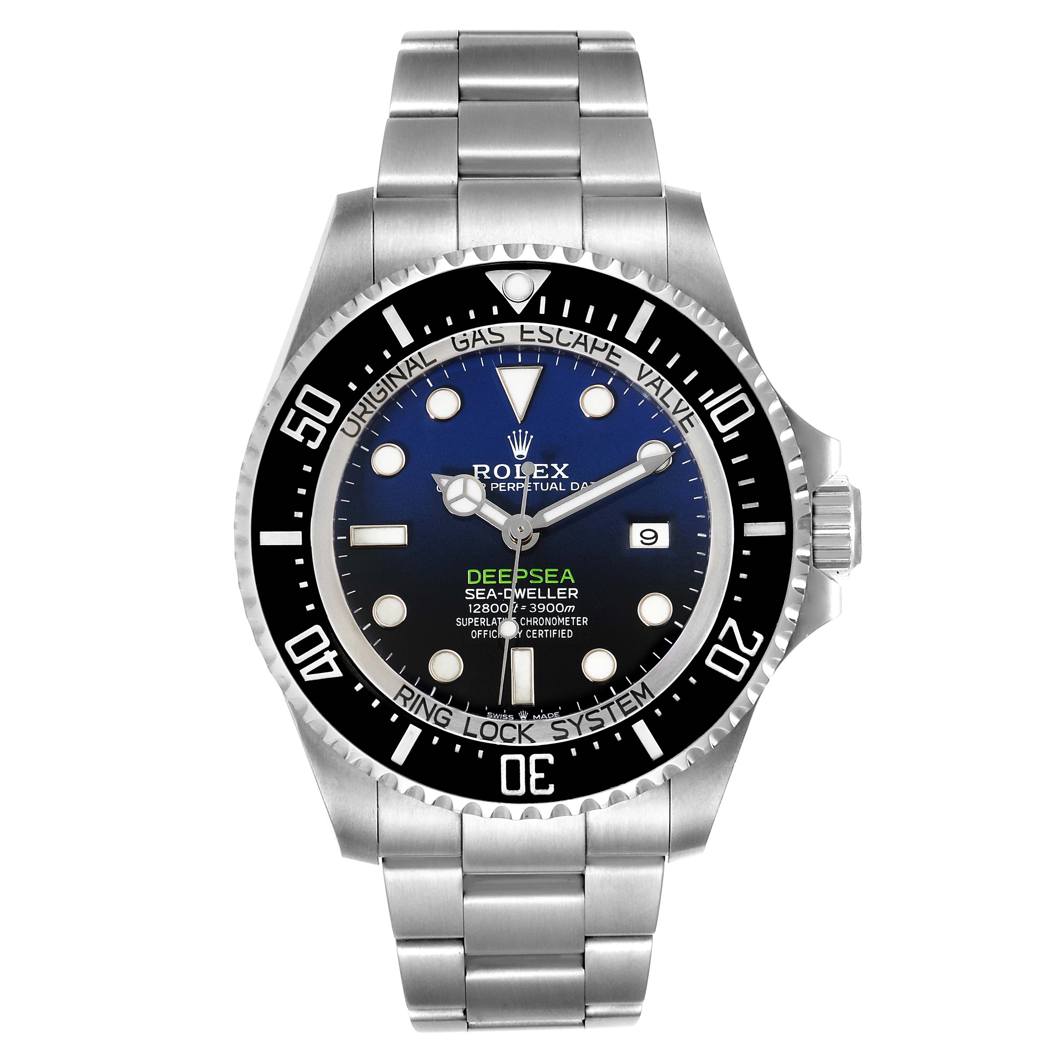 The image shows a front view of a Rolex Sea-Dweller 126660 Men
s Stainless Steel Blue Dial 126660 Men
s Stainless Steel Blue Dial Deepsea watch, displaying the face, bezel, and stainless steel bracelet.