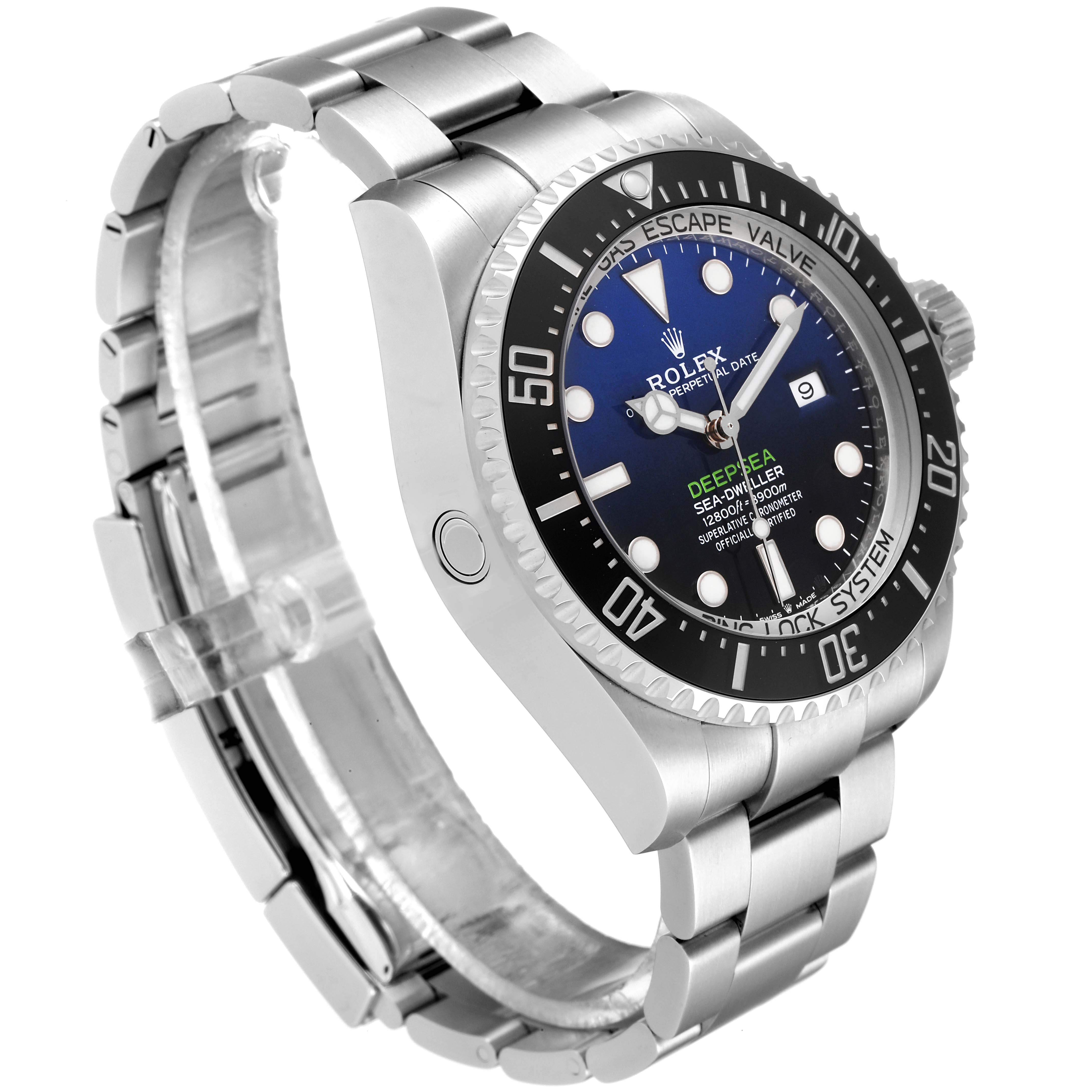 This image shows the left-side angle of a Rolex Sea-Dweller 126660 Men
s Stainless Steel Blue Dial 126660 Men
s Stainless Steel Blue Dial watch, highlighting the face, bezel, crown, and bracelet.