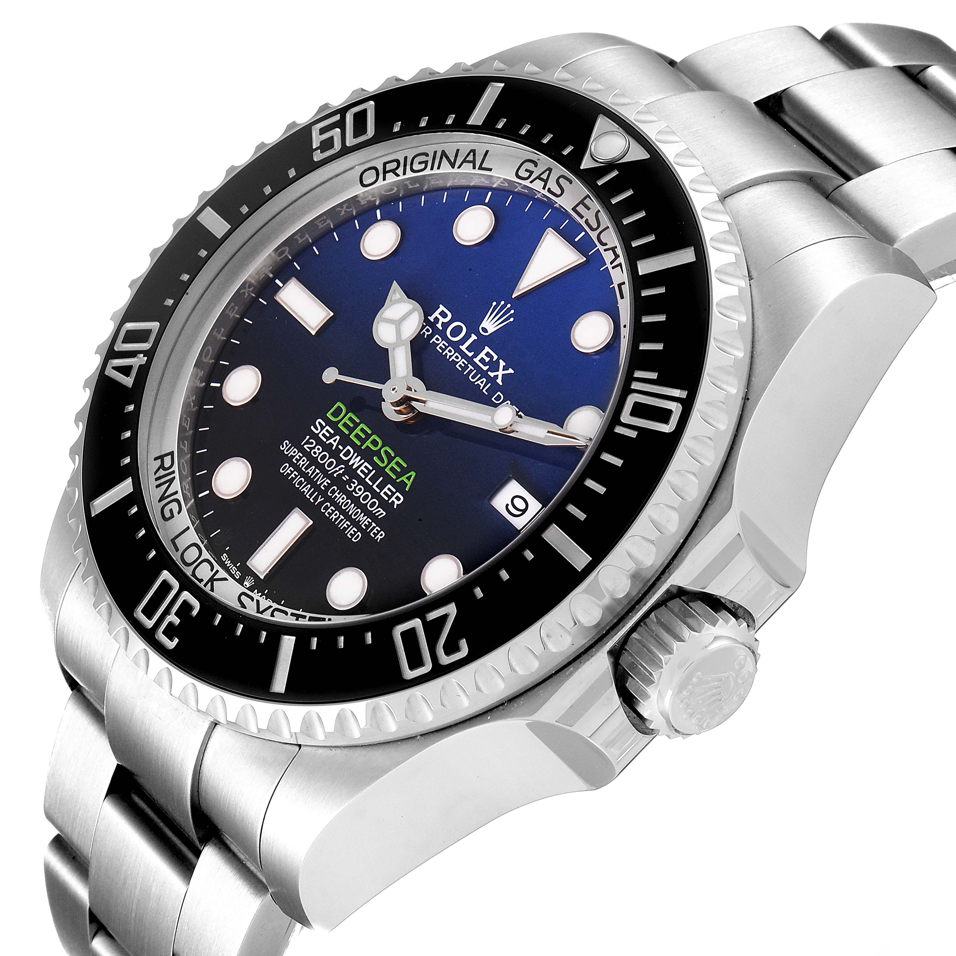 The image shows a Rolex Sea-Dweller 126660 Men
s Stainless Steel Blue Dial 126660 Men
s Stainless Steel Blue Dial watch at a three-quarter angle, focusing on the dial, bezel, and part of the bracelet.