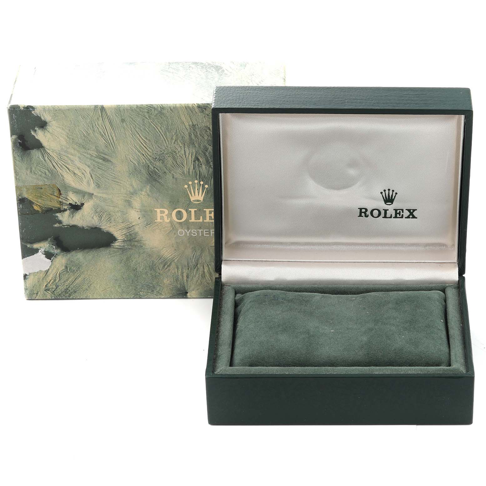The image shows the open luxury box and outer box for a Vintage Collection model by Rolex, highlighting its packaging.