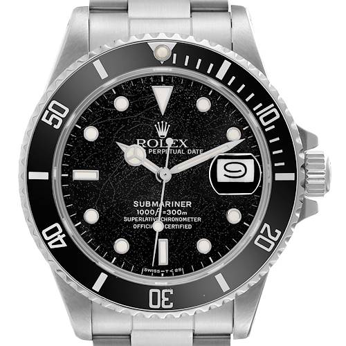 This image shows a front view of a Rolex Vintage Collection Submariner watch, displaying the dial, bezel, crown, and part of the bracelet.