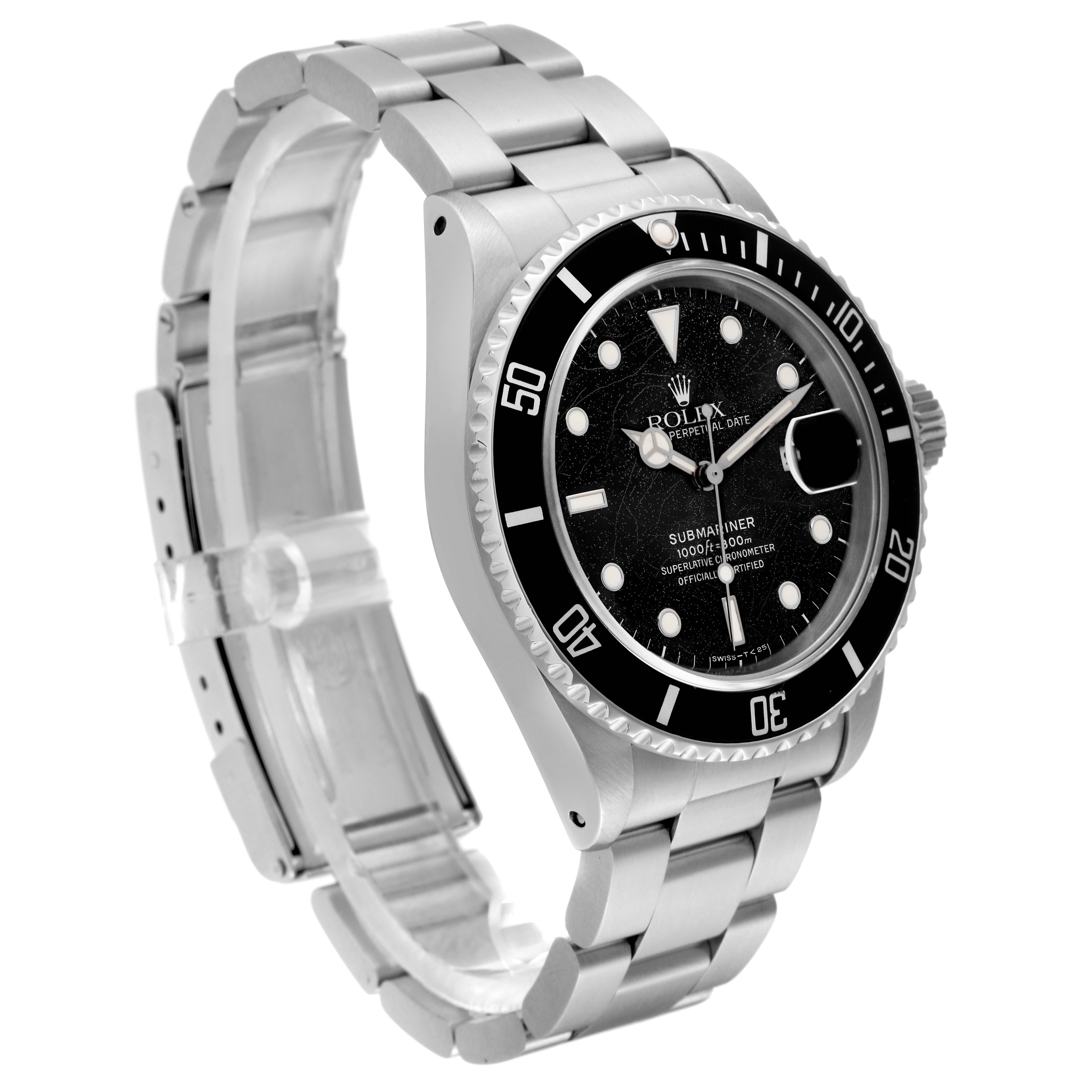The watch is a Rolex Vintage Collection 168000 Men's Stainless Steel Black Dial 168000 Men's Stainless Steel Black Dial model, shown at a side angle highlighting the face, bezel, and metal bracelet.