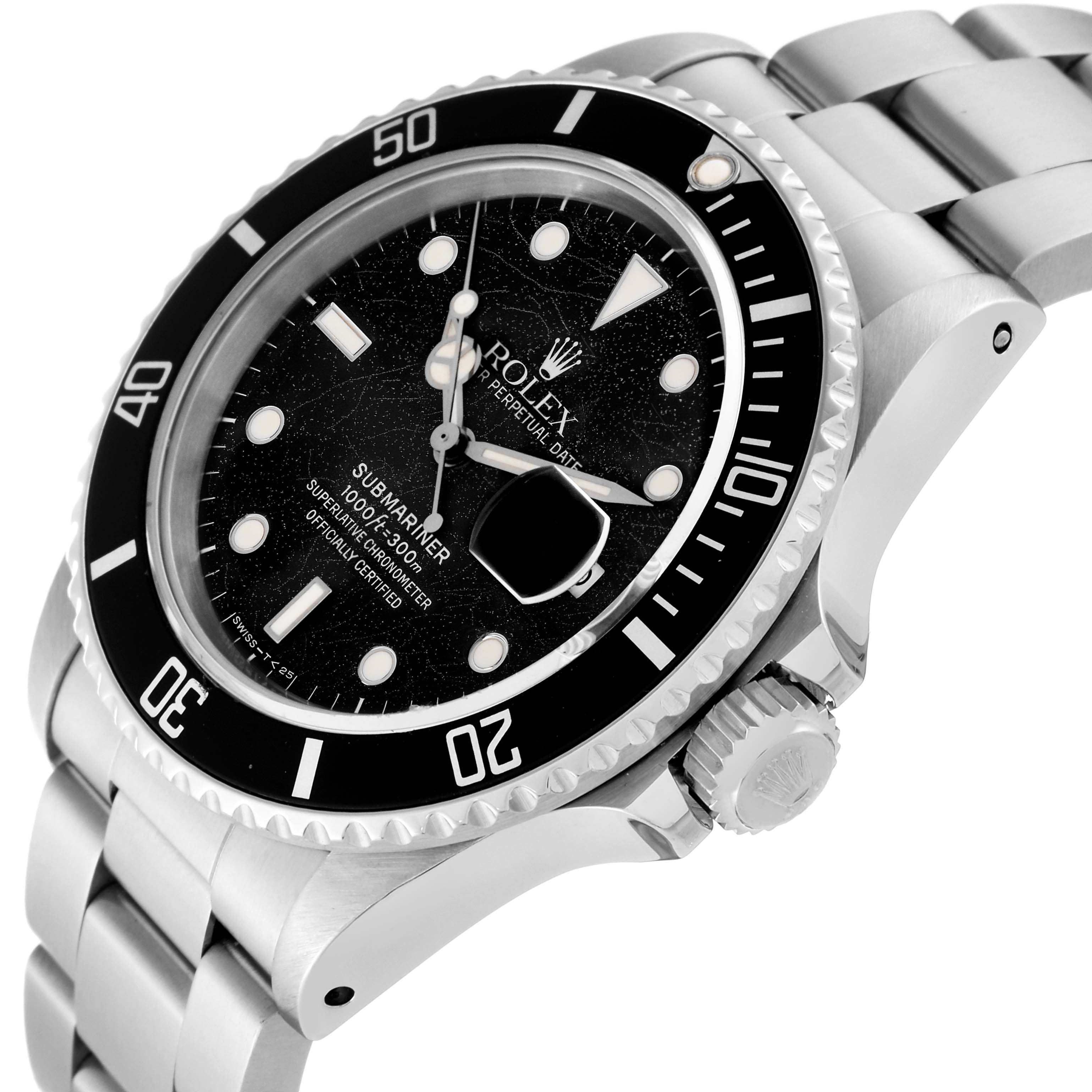 The Rolex Vintage Collection 168000 Men's Stainless Steel Black Dial 168000 Men's Stainless Steel Black Dial model watch is shown at a tilted angle, displaying the dial, bezel, crown, and part of the bracelet.