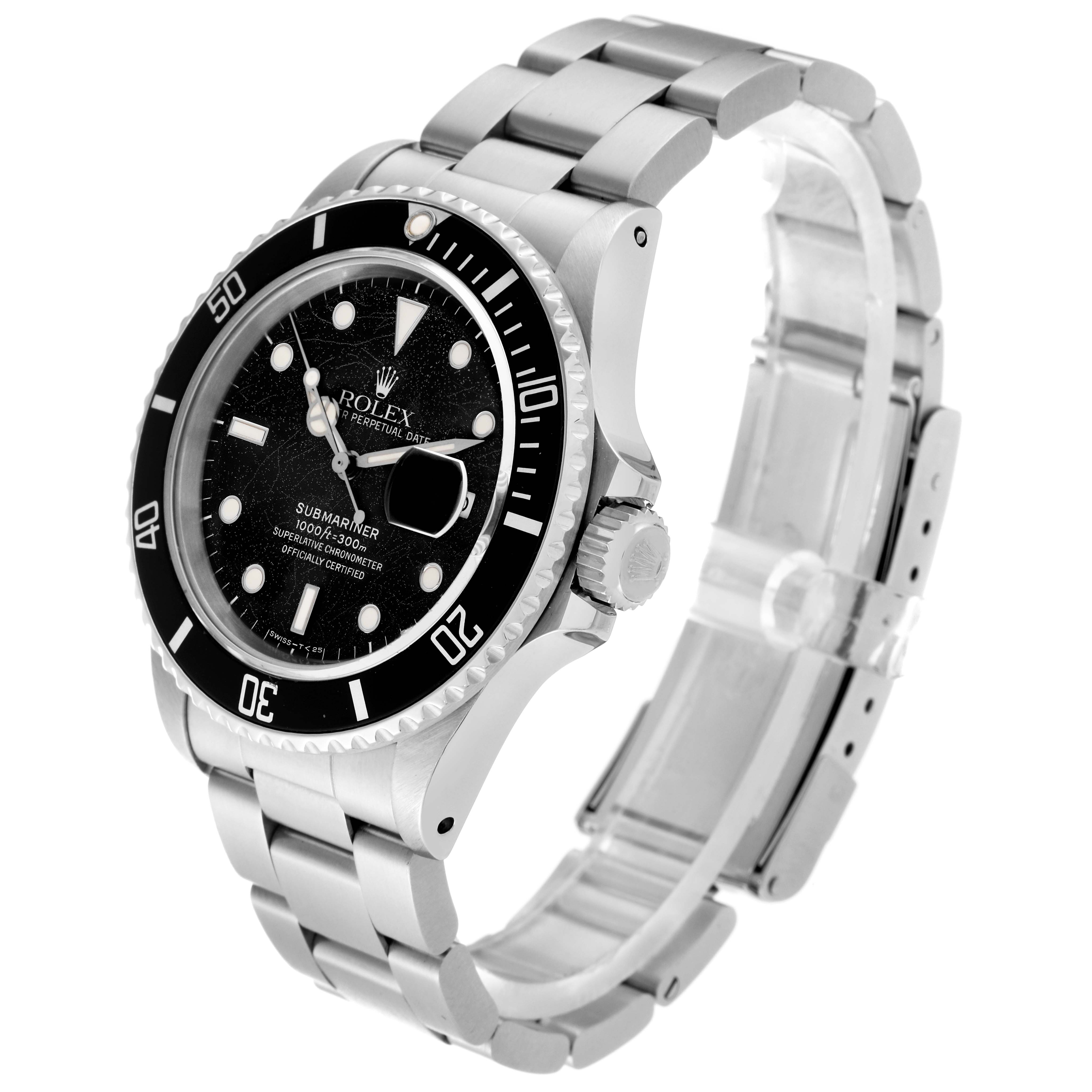 The Rolex Vintage Collection 168000 Men's Stainless Steel Black Dial 168000 Men's Stainless Steel Black Dial Submariner is shown at a three-quarter angle, highlighting the watch face, bezel, crown, and stainless steel bracelet.