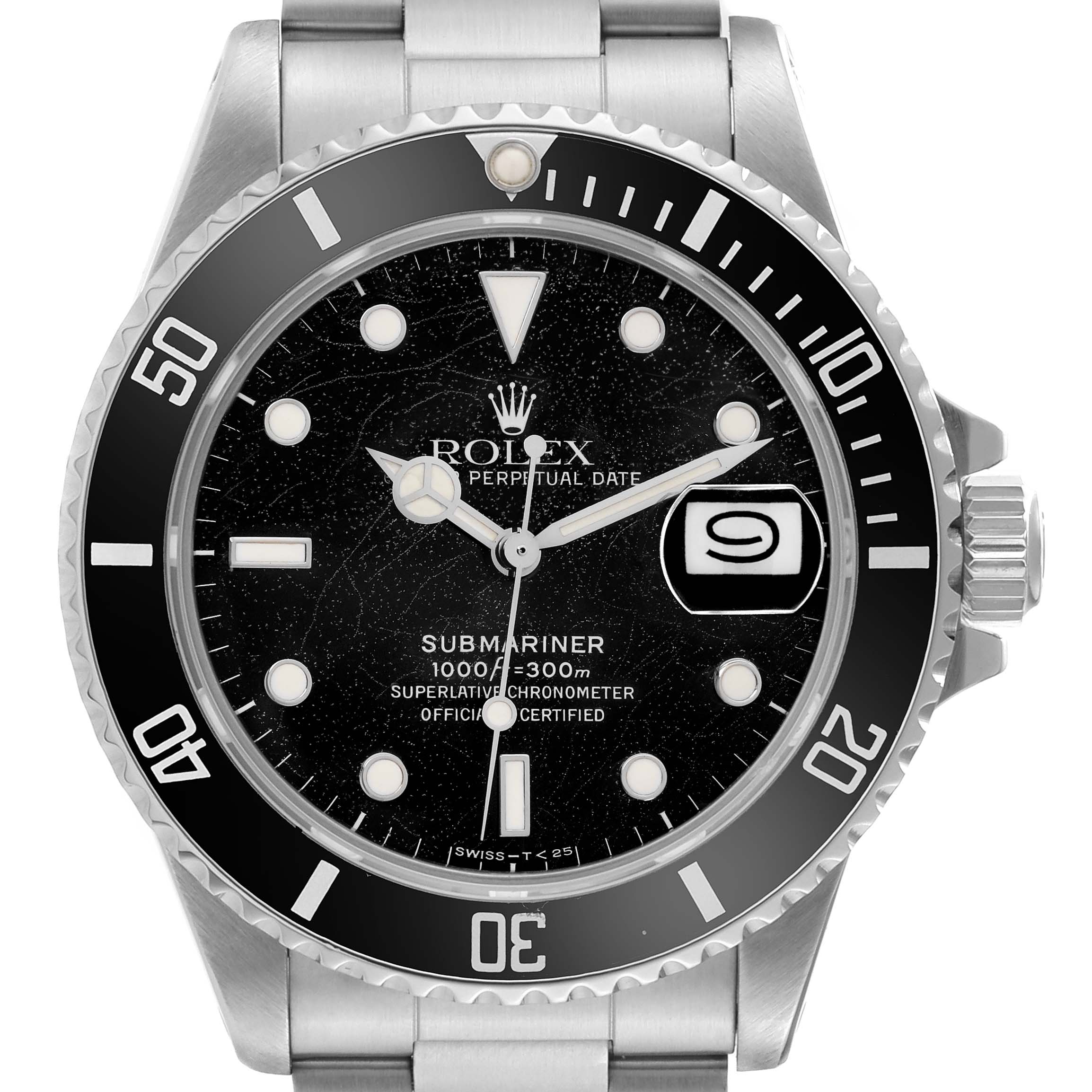 The image shows a front view of the Rolex Vintage Collection 168000 Men's Stainless Steel Black Dial 168000 Men's Stainless Steel Black Dial Submariner model, highlighting its dial, bezel, and bracelet.
