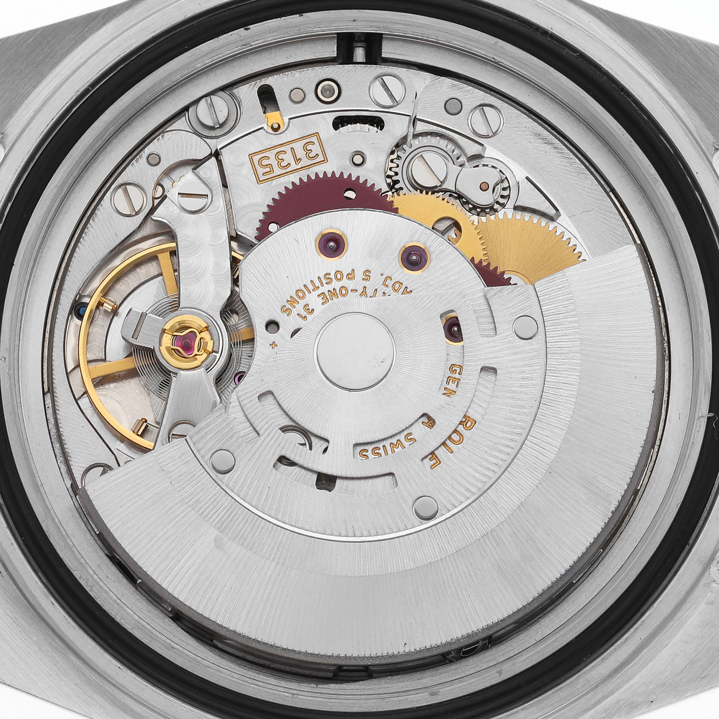 This is a close-up view of the movement mechanism inside a Rolex Submariner 16610 Men
s Stainless Steel Black Dial 16610 Men
s Stainless Steel Black Dial watch, showcasing gears and intricate components.