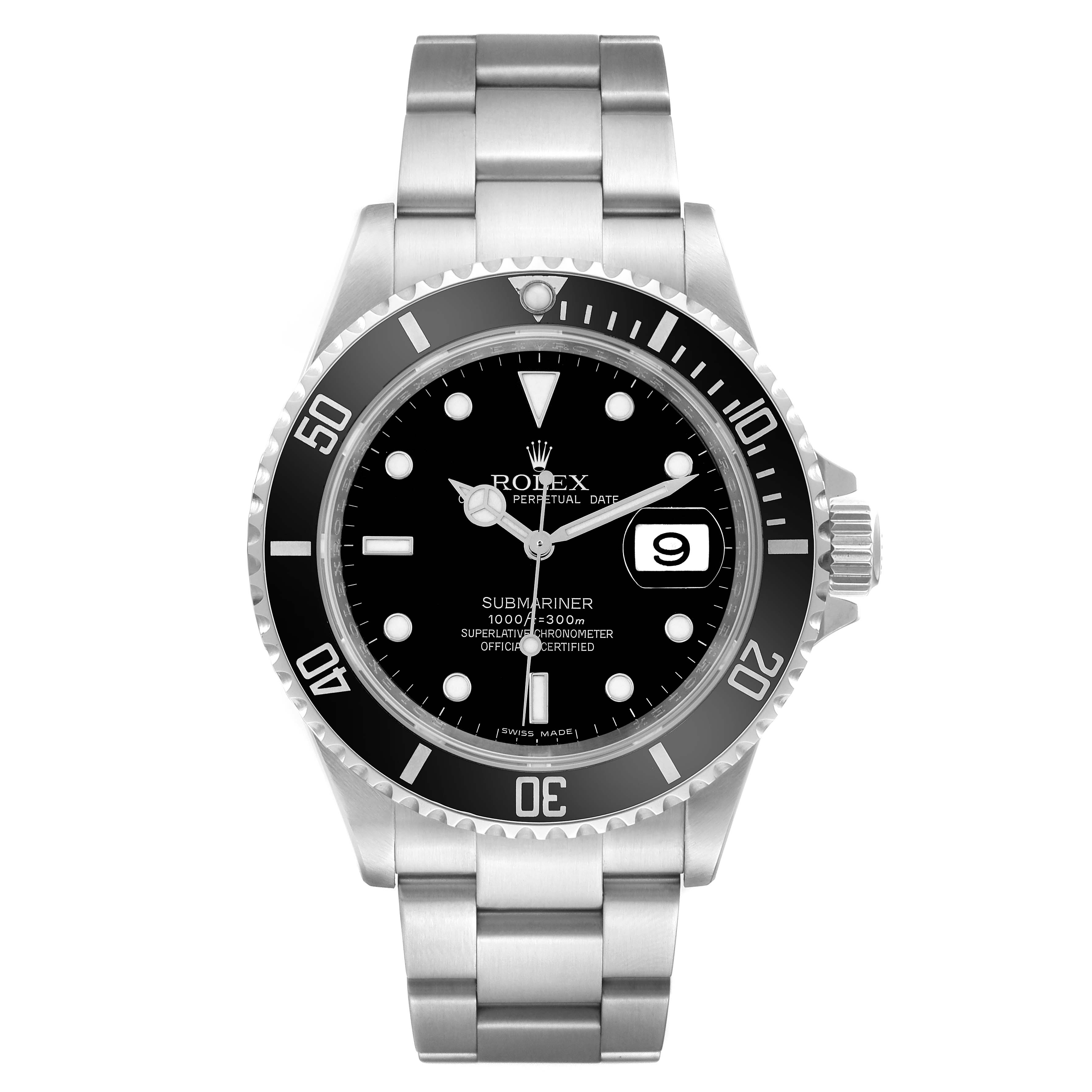 The image shows a front view of a Rolex Submariner 16610 Men
s Stainless Steel Black Dial 16610 Men
s Stainless Steel Black Dial watch, displaying its dial, bezel, and bracelet.