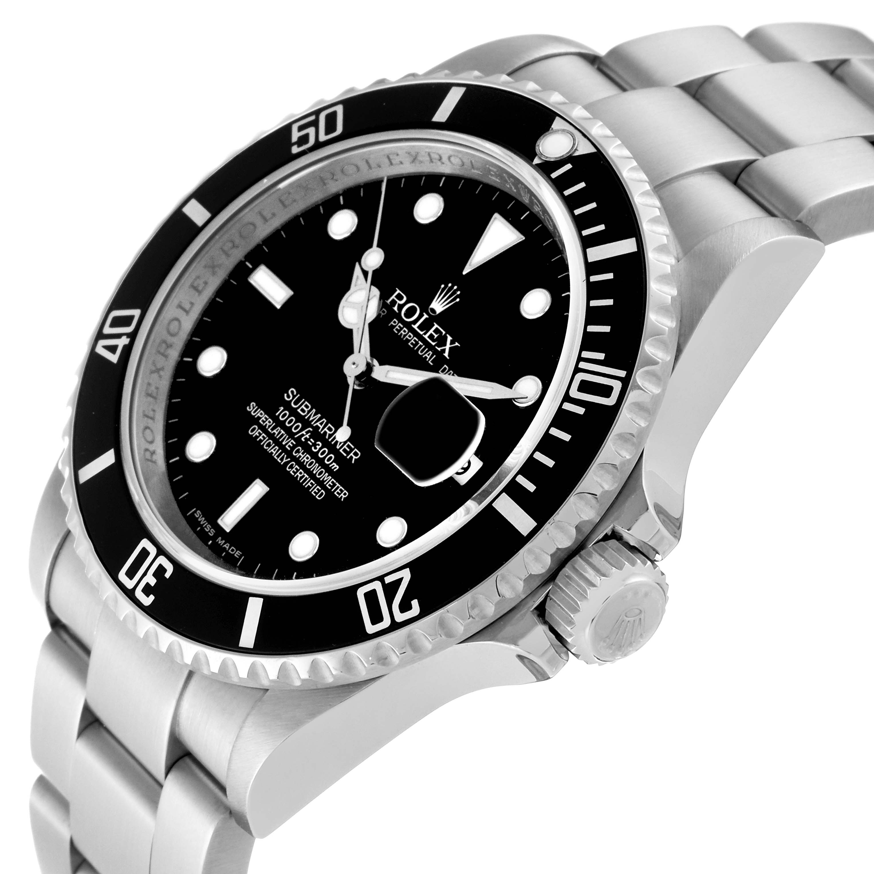 The image shows a Rolex Submariner 16610 Men
s Stainless Steel Black Dial 16610 Men
s Stainless Steel Black Dial watch from an angled side perspective, highlighting the dial, bezel, and bracelet.