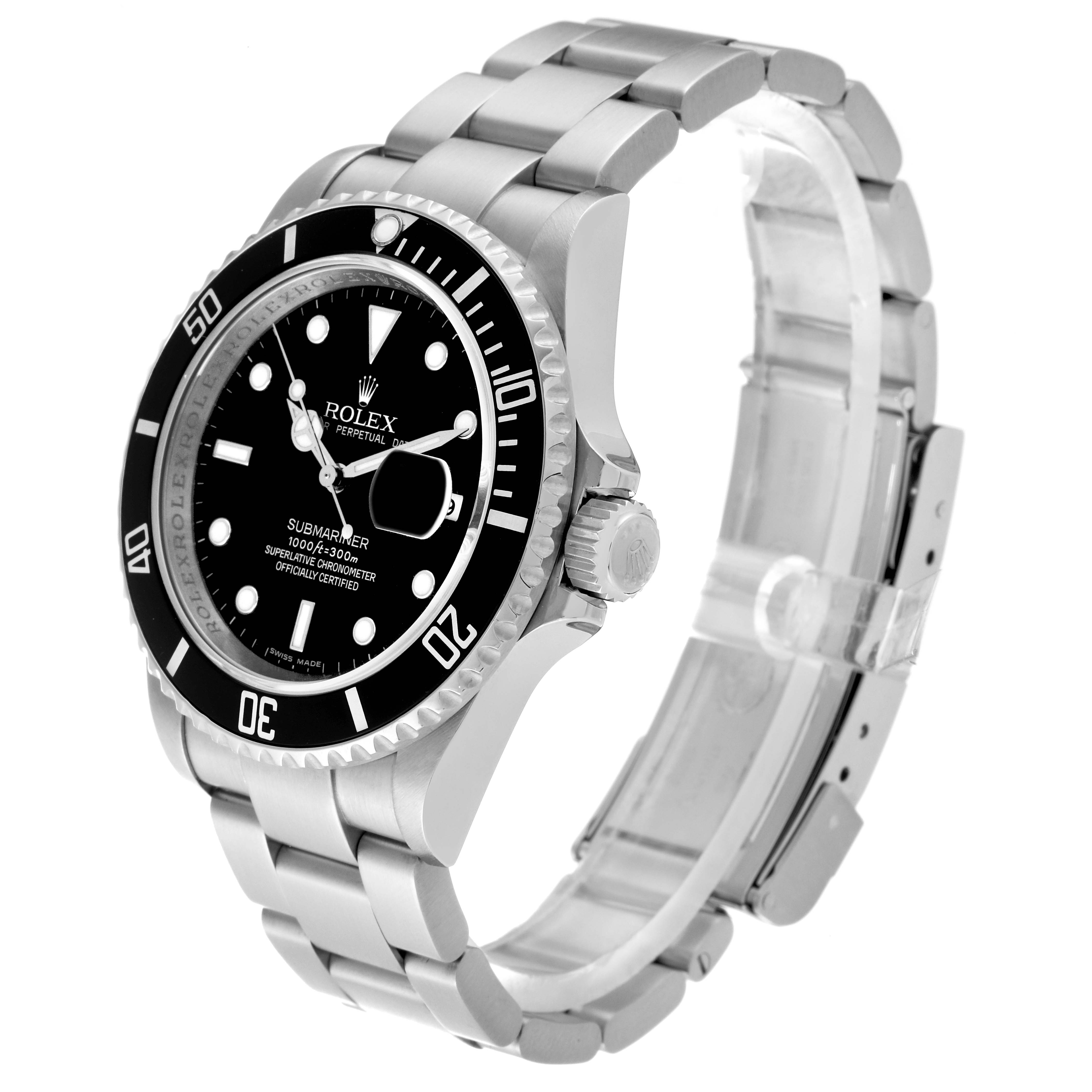 The image shows a side angle of the Rolex Submariner 16610 Men
s Stainless Steel Black Dial 16610 Men
s Stainless Steel Black Dial watch, highlighting the face, bezel, crown, and bracelet.