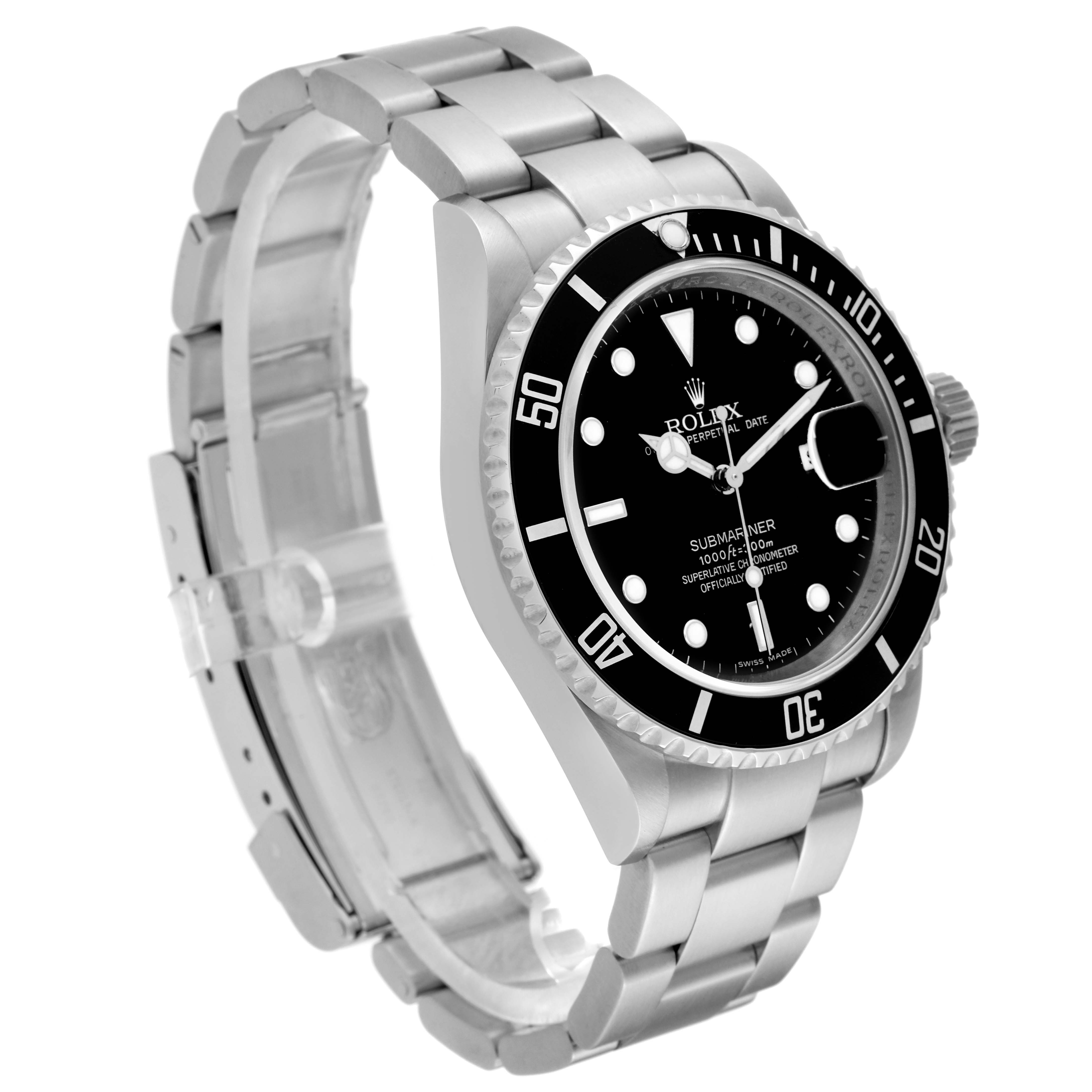 This image shows a Rolex Submariner 16610 Men
s Stainless Steel Black Dial 16610 Men
s Stainless Steel Black Dial watch angled from the front-left, highlighting its bezel, dial, and metal bracelet.