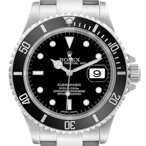 The image shows a front view of a Rolex Submariner, showcasing its black dial, date display, and rotating bezel.