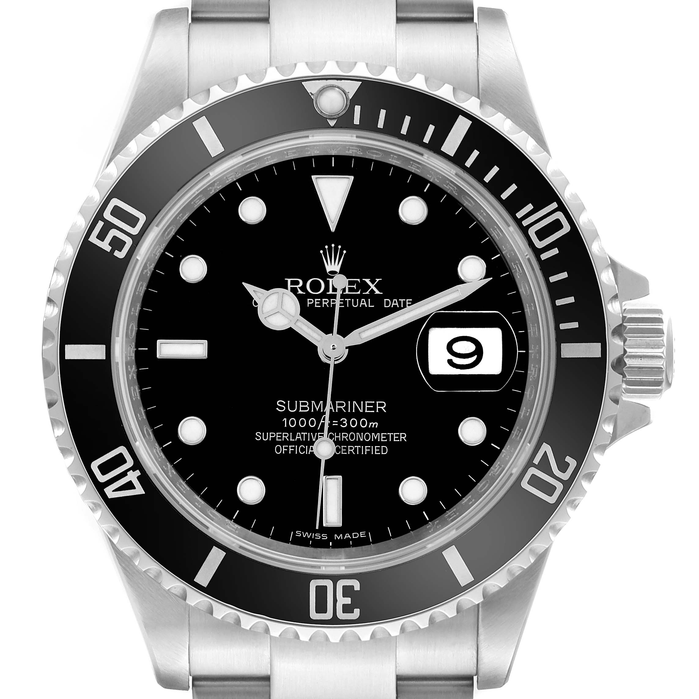 The Rolex Submariner 16610 Men
s Stainless Steel Black Dial 16610 Men
s Stainless Steel Black Dial watch is shown from a top-down angle, displaying the face, bezel, and part of the metal bracelet.