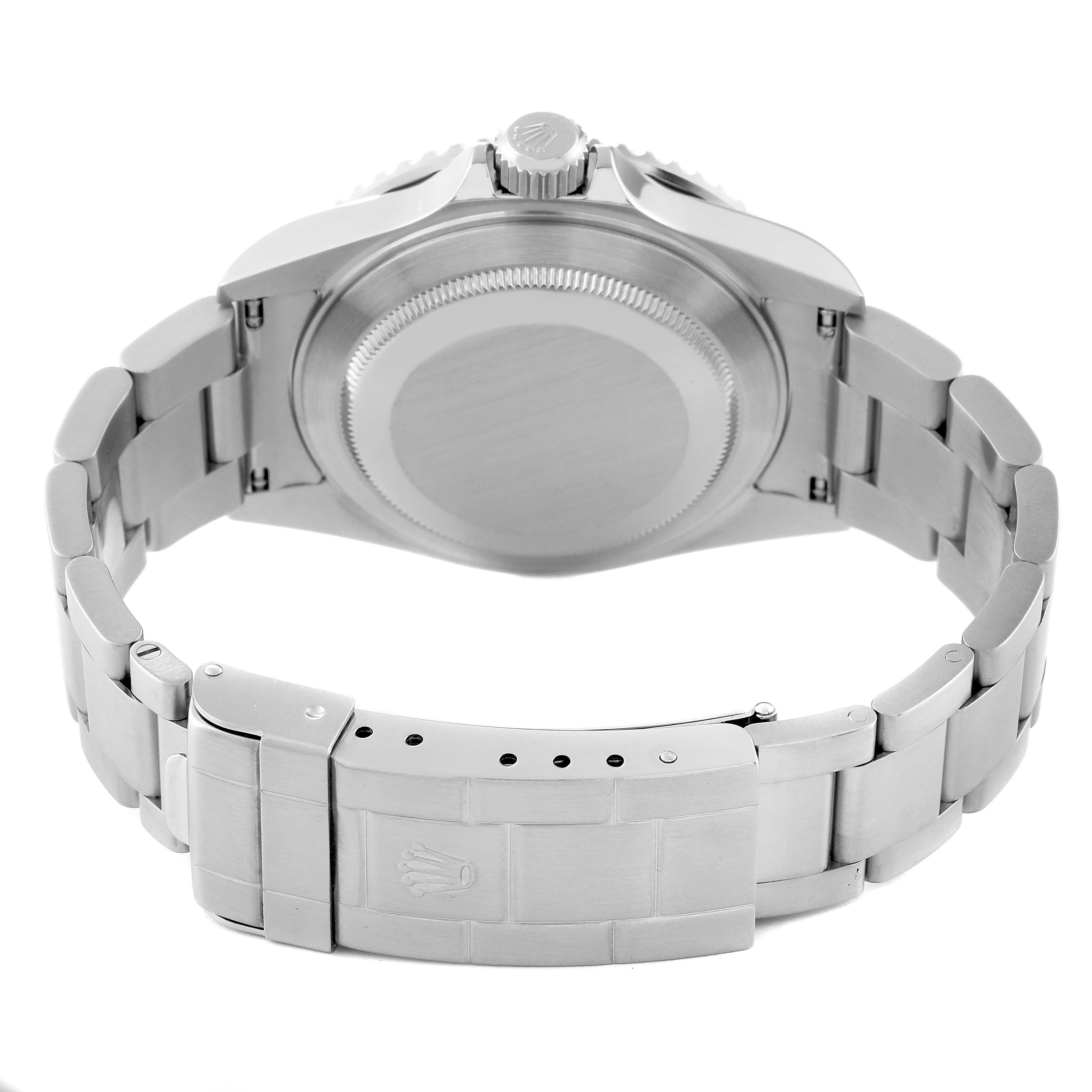 The image shows the back case and clasp of a Rolex Submariner 16610 Men
s Stainless Steel Black Dial 16610 Men
s Stainless Steel Black Dial watch viewed from the underside.