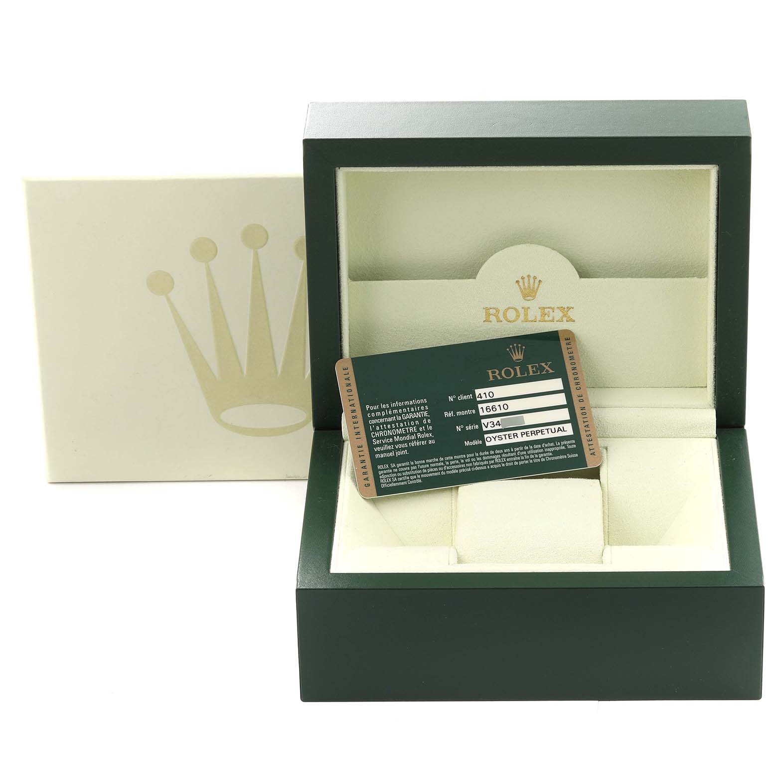 The image shows the open box and warranty card for a Rolex Submariner 16610 Men
s Stainless Steel Black Dial 16610 Men
s Stainless Steel Black Dial watch, highlighting the packaging and Best Quality
ity card.