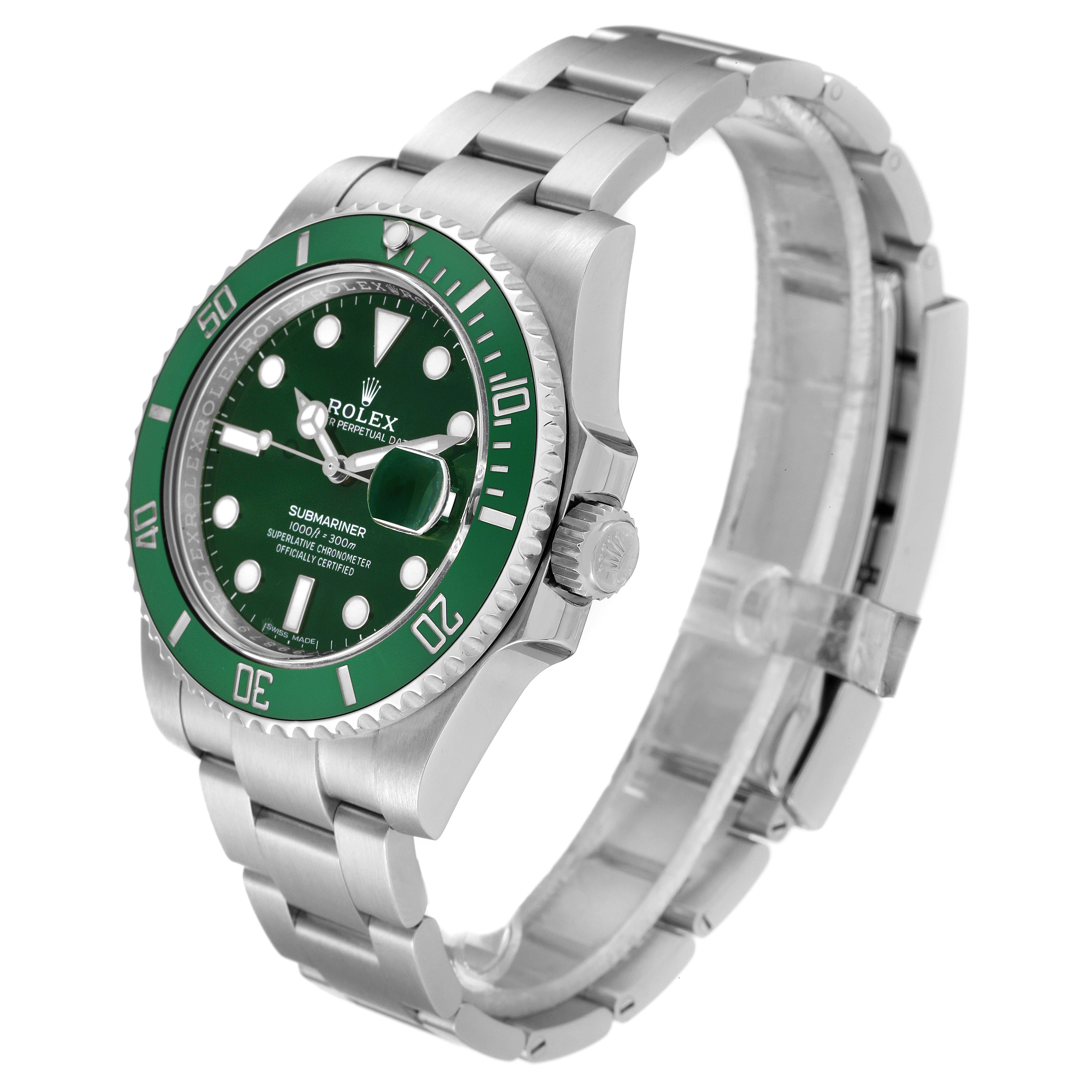 The image shows a Rolex Submariner 116610LV Men
s Stainless Steel Green Dial 116610LV Men
s Stainless Steel Green Dial watch, angled to display the green dial, bezel, and stainless steel bracelet.