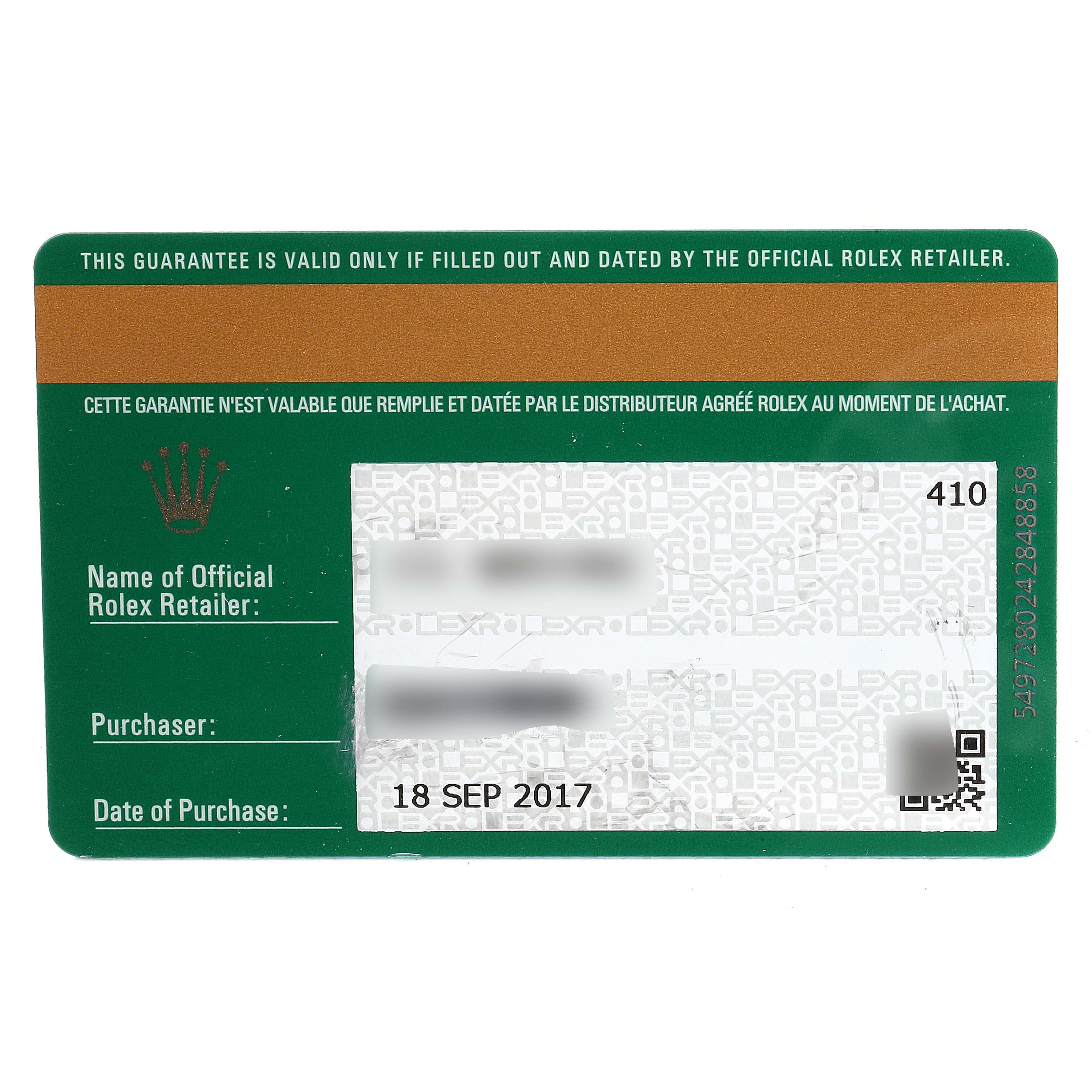 The image shows the guarantee card for a Rolex Submariner 116610LV Men
s Stainless Steel Green Dial 116610LV Men
s Stainless Steel Green Dial, detailing the official retailer, purchaser, and date of purchase.