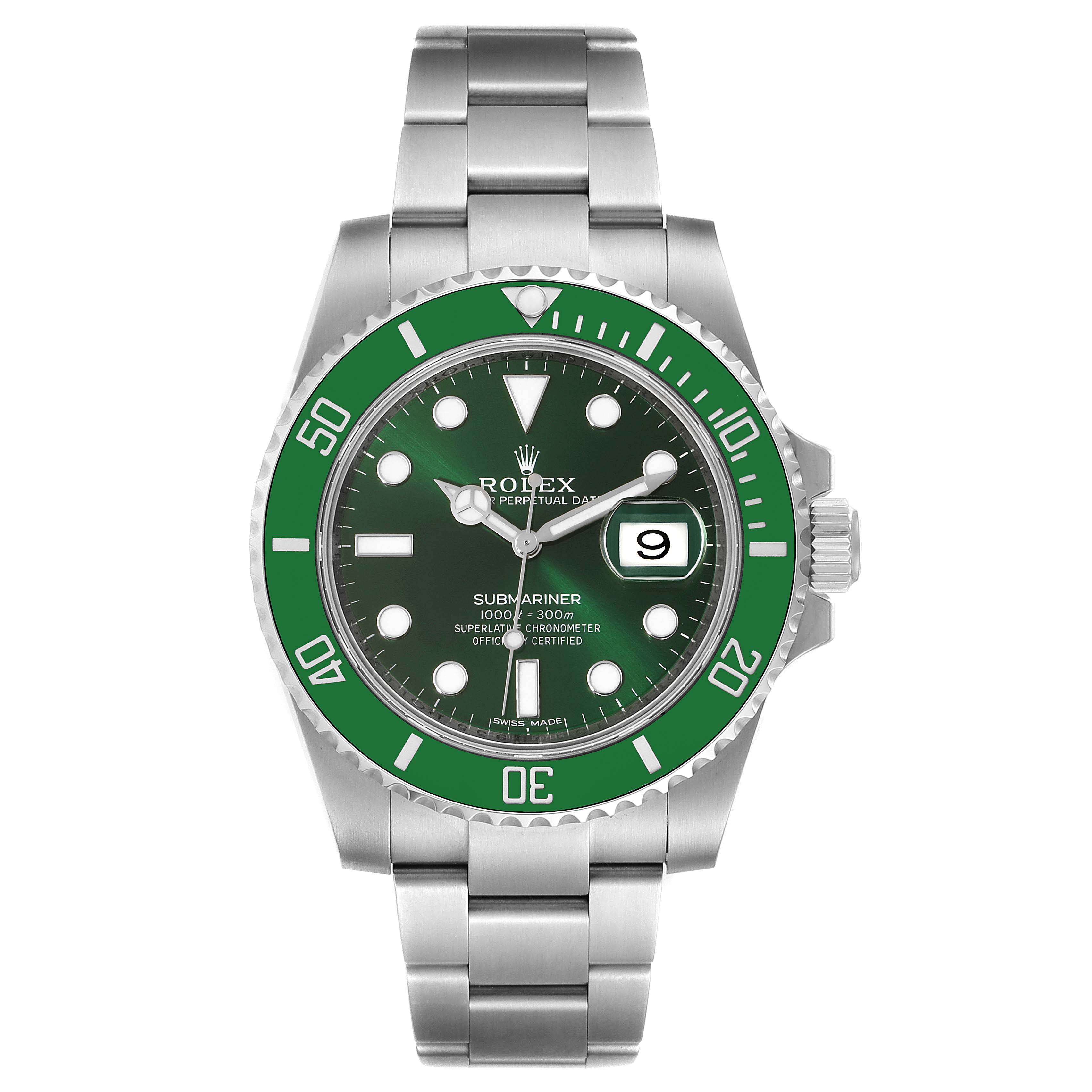 The image shows a front view of a Rolex Submariner 116610LV Men
s Stainless Steel Green Dial 116610LV Men
s Stainless Steel Green Dial watch, displaying its green bezel, dial, and stainless steel strap.