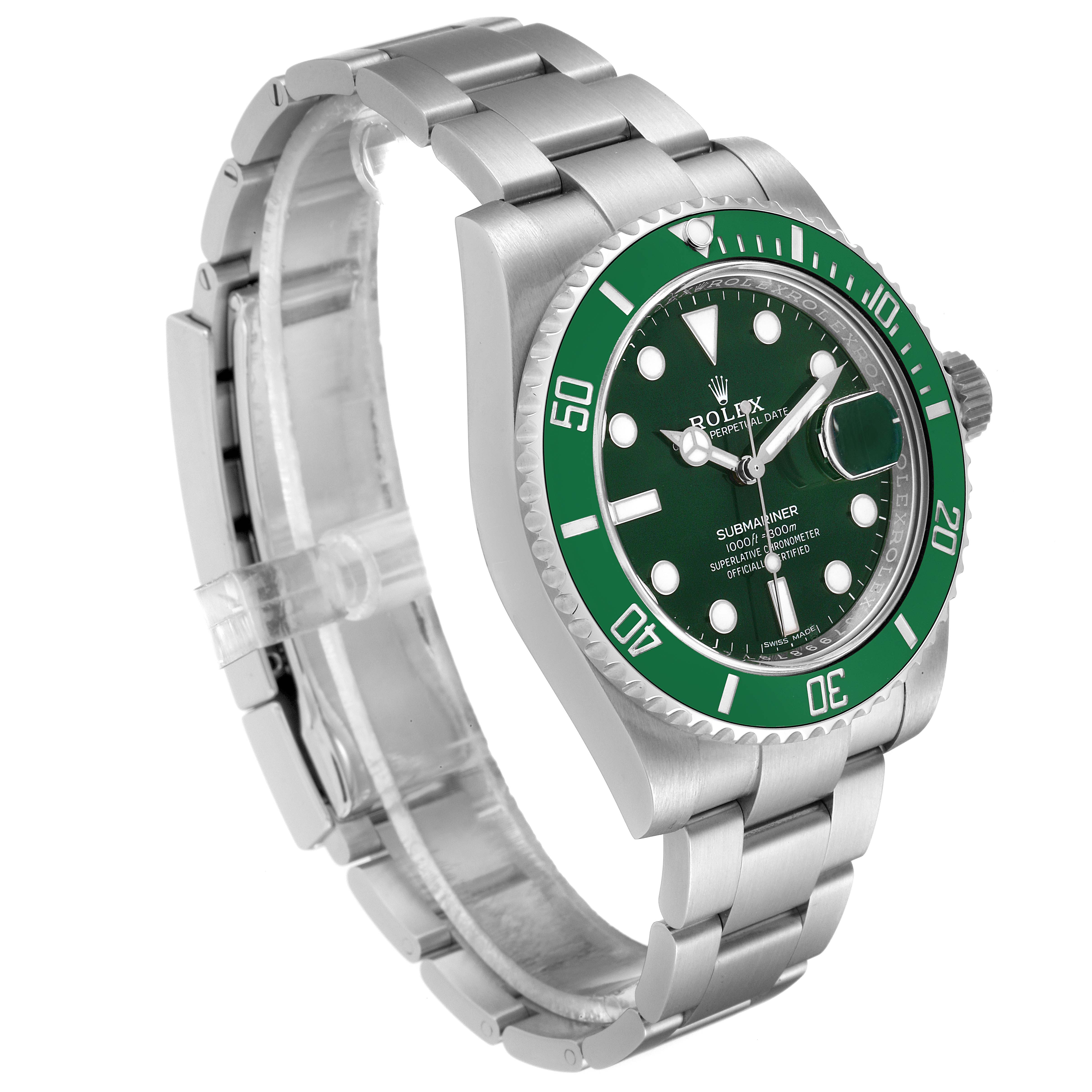 The image shows a side angle of the Rolex Submariner 116610LV Men
s Stainless Steel Green Dial 116610LV Men
s Stainless Steel Green Dial watch, highlighting its green bezel, dial, crown, and metal bracelet.