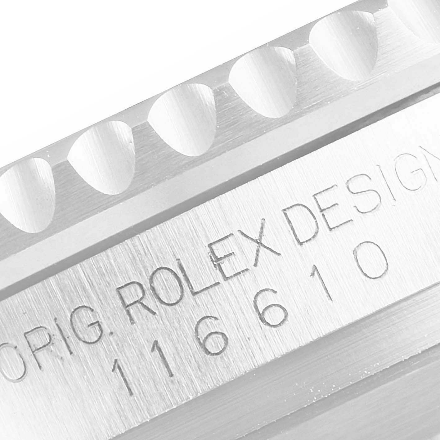 Close-up of the case side engraving showing the model number 116610 on a Rolex Submariner 116610LV Men
s Stainless Steel Green Dial 116610LV Men
s Stainless Steel Green Dial watch.