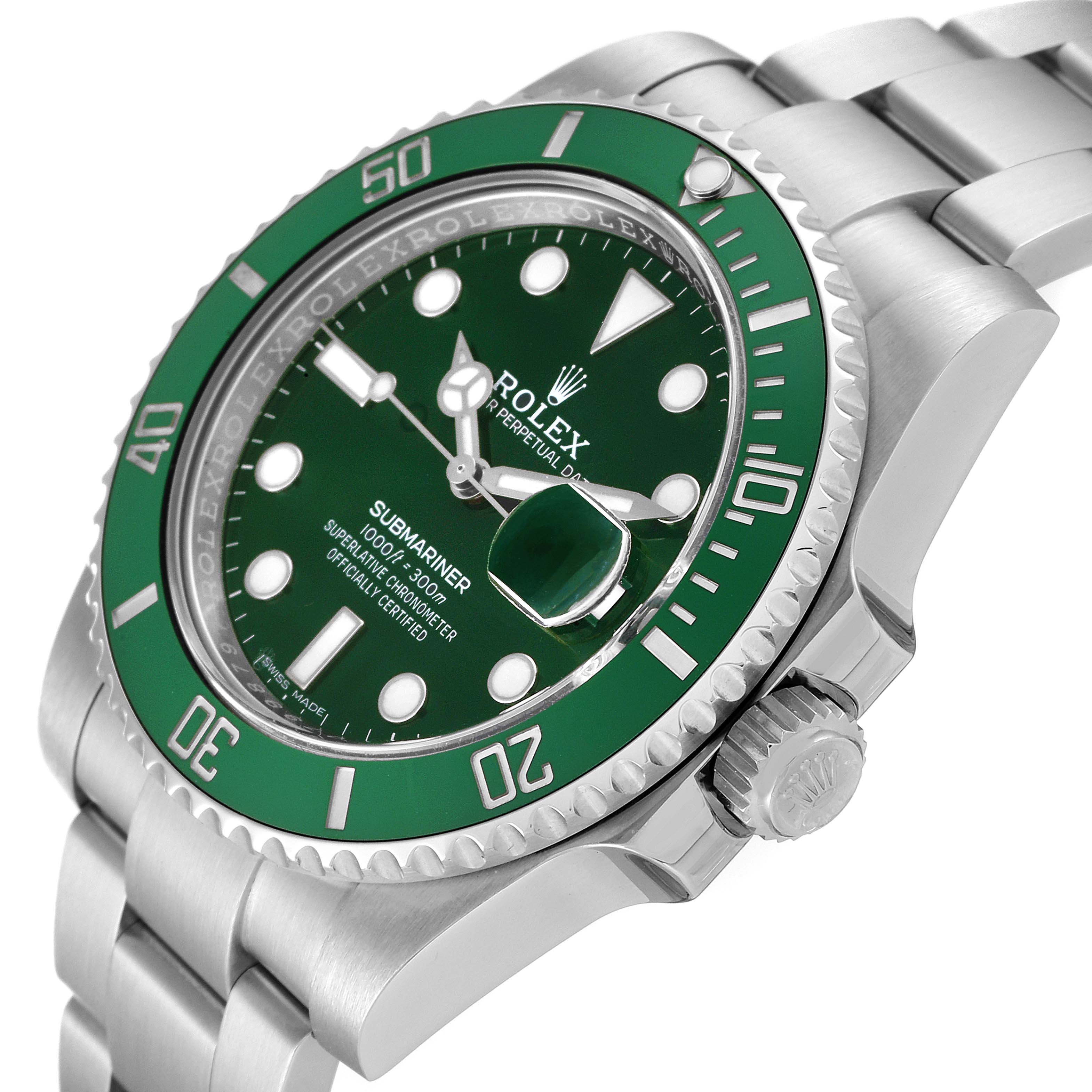 This Rolex Submariner 116610LV Men
s Stainless Steel Green Dial 116610LV Men
s Stainless Steel Green Dial watch is shown at an angled view, highlighting the green bezel, dial, and bracelet.