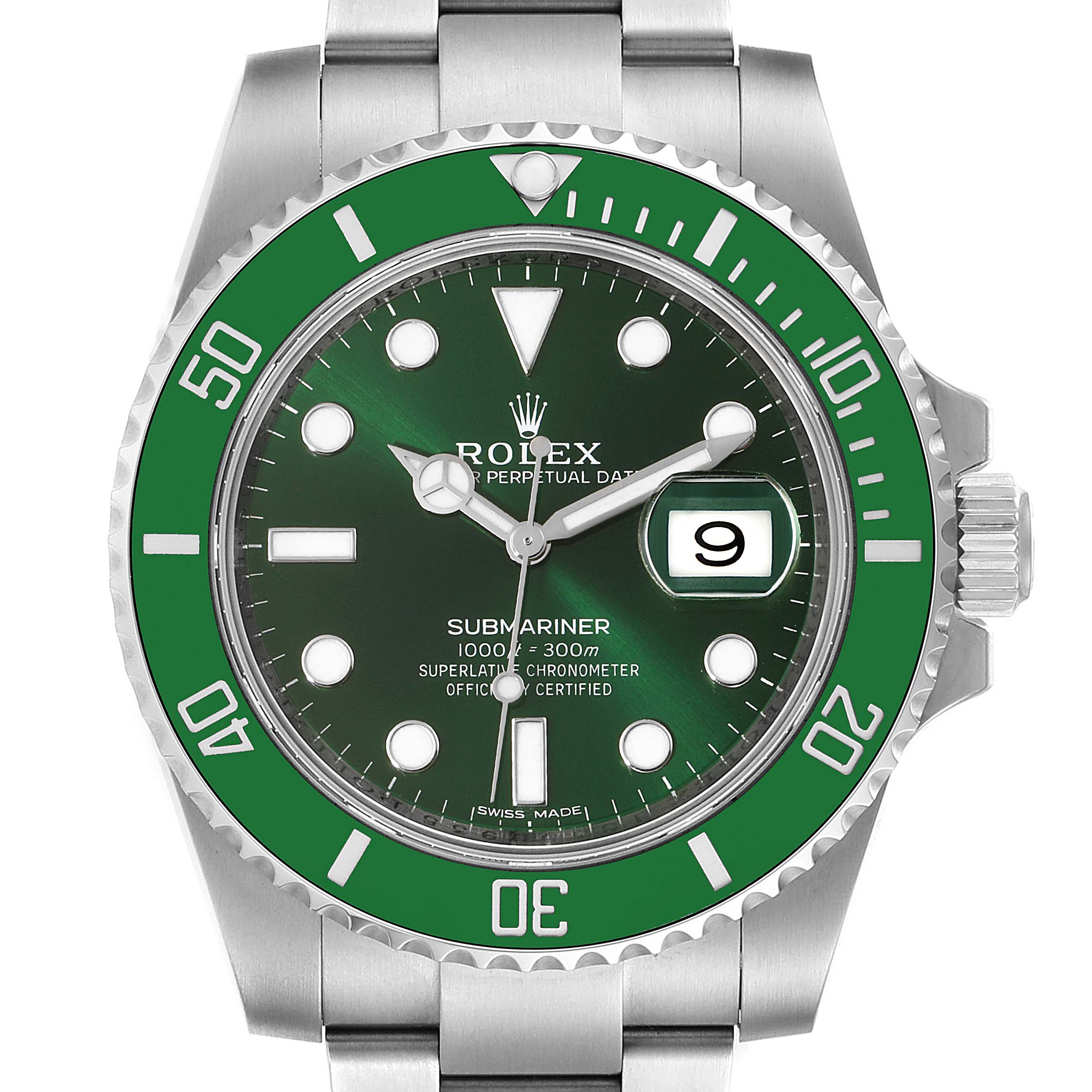 The image shows a front view of a Rolex Submariner 116610LV Men
s Stainless Steel Green Dial 116610LV Men
s Stainless Steel Green Dial watch, highlighting its green bezel, dial, and date window.