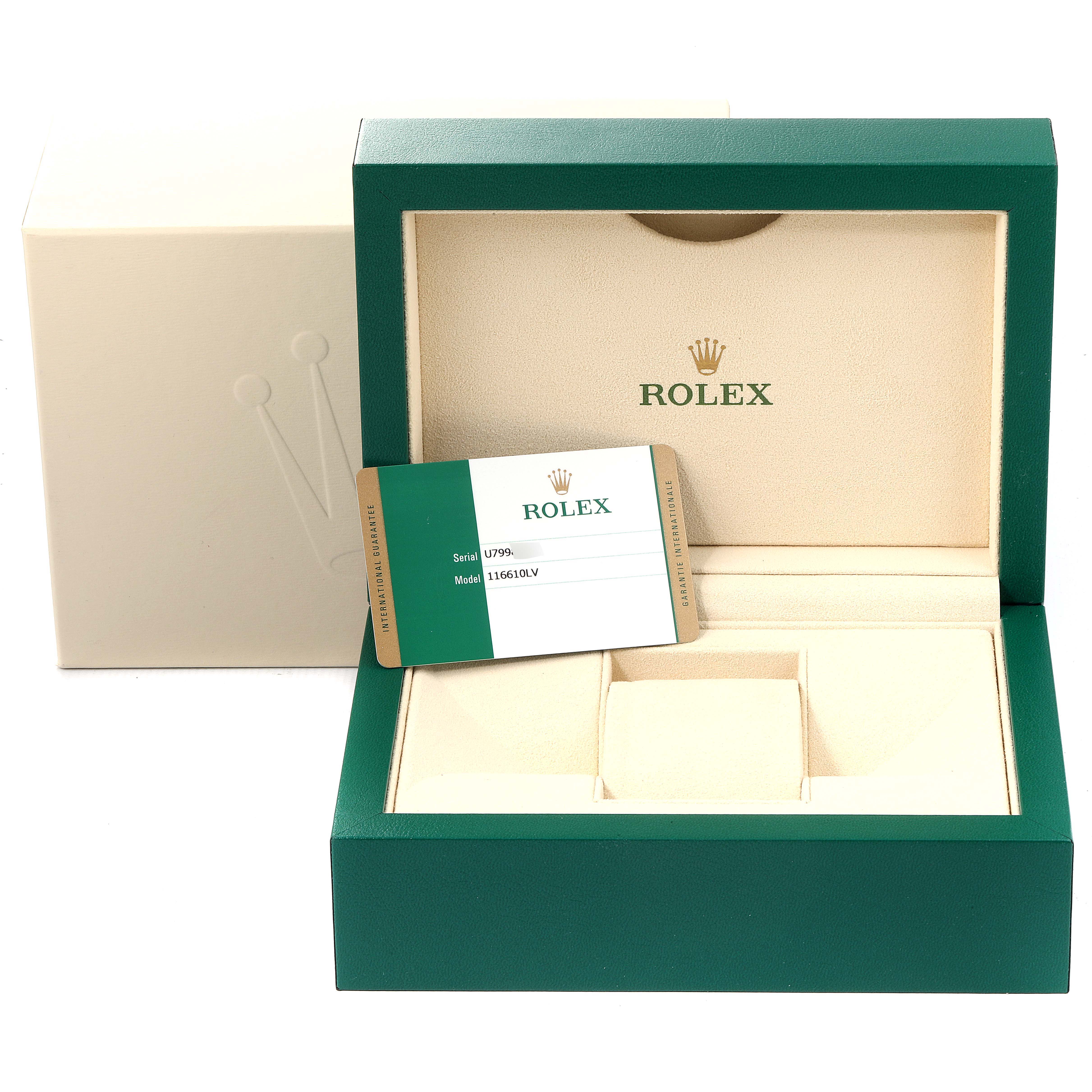 The image shows an open green and beige box for a Rolex Submariner 116610LV Men
s Stainless Steel Green Dial 116610LV Men
s Stainless Steel Green Dial model, along with a Rolex warranty card.