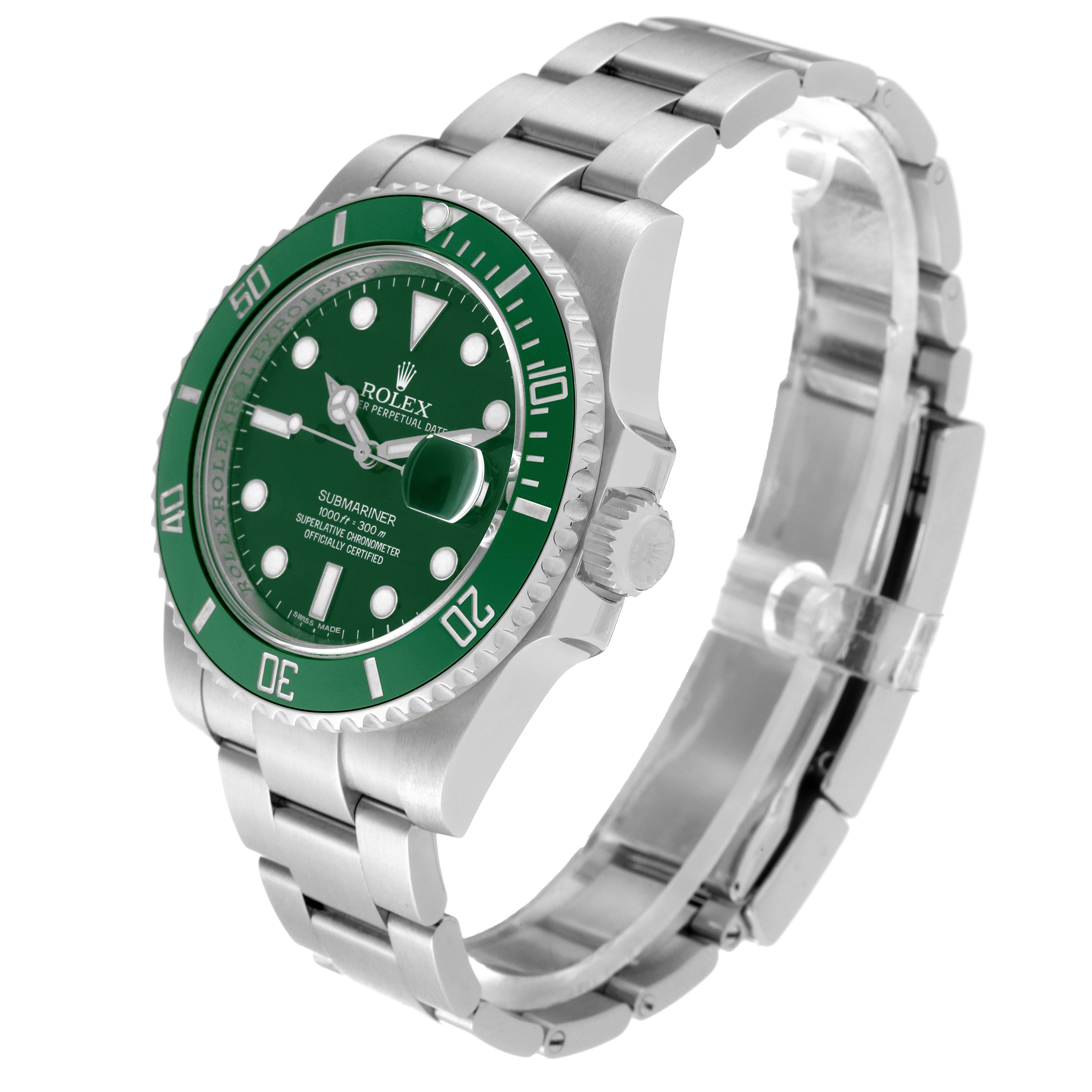 The image shows a green-dialed Rolex Submariner 116610LV Men's Stainless Steel Green Dial 116610LV Men's Stainless Steel Green Dial watch at a side angle, highlighting its bezel, case, bracelet, and crown.