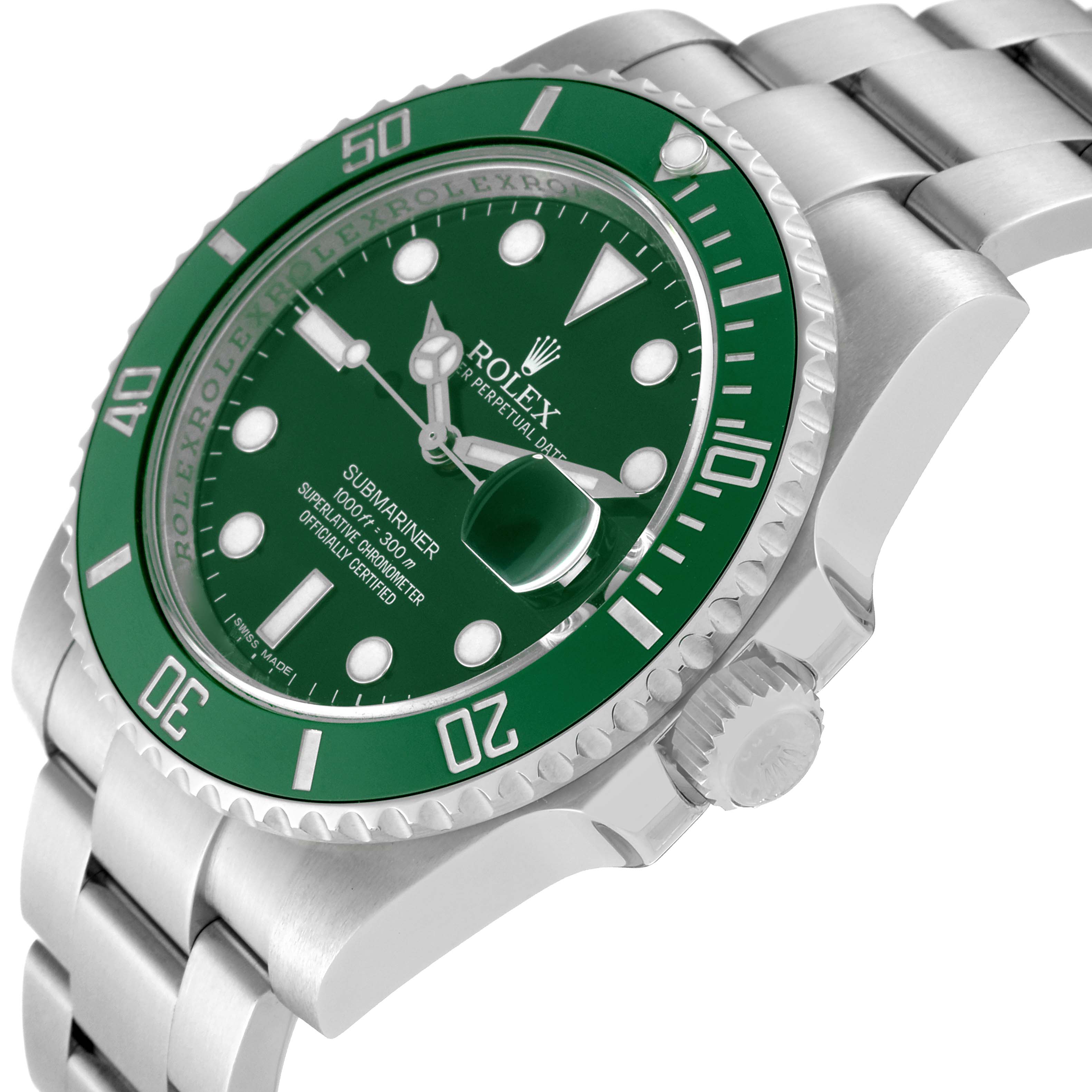 The image shows a close-up of the Rolex Submariner 116610LV Men's Stainless Steel Green Dial 116610LV Men's Stainless Steel Green Dial watch, displaying its green dial, bezel, part of the bracelet, and the crown.