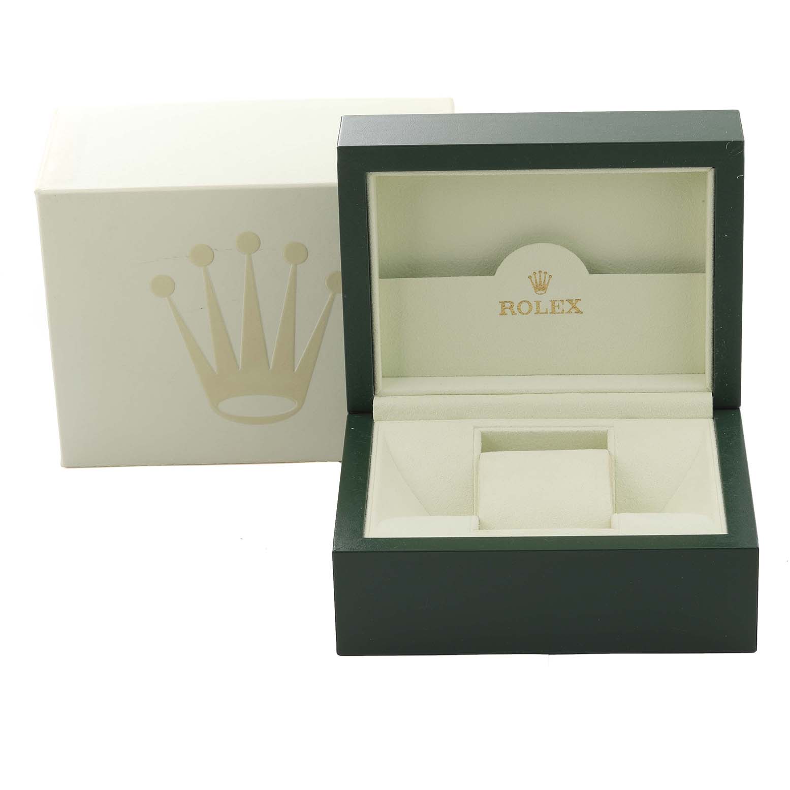 The image shows an open Rolex watch box for the Submariner model, displaying the interior and logo.