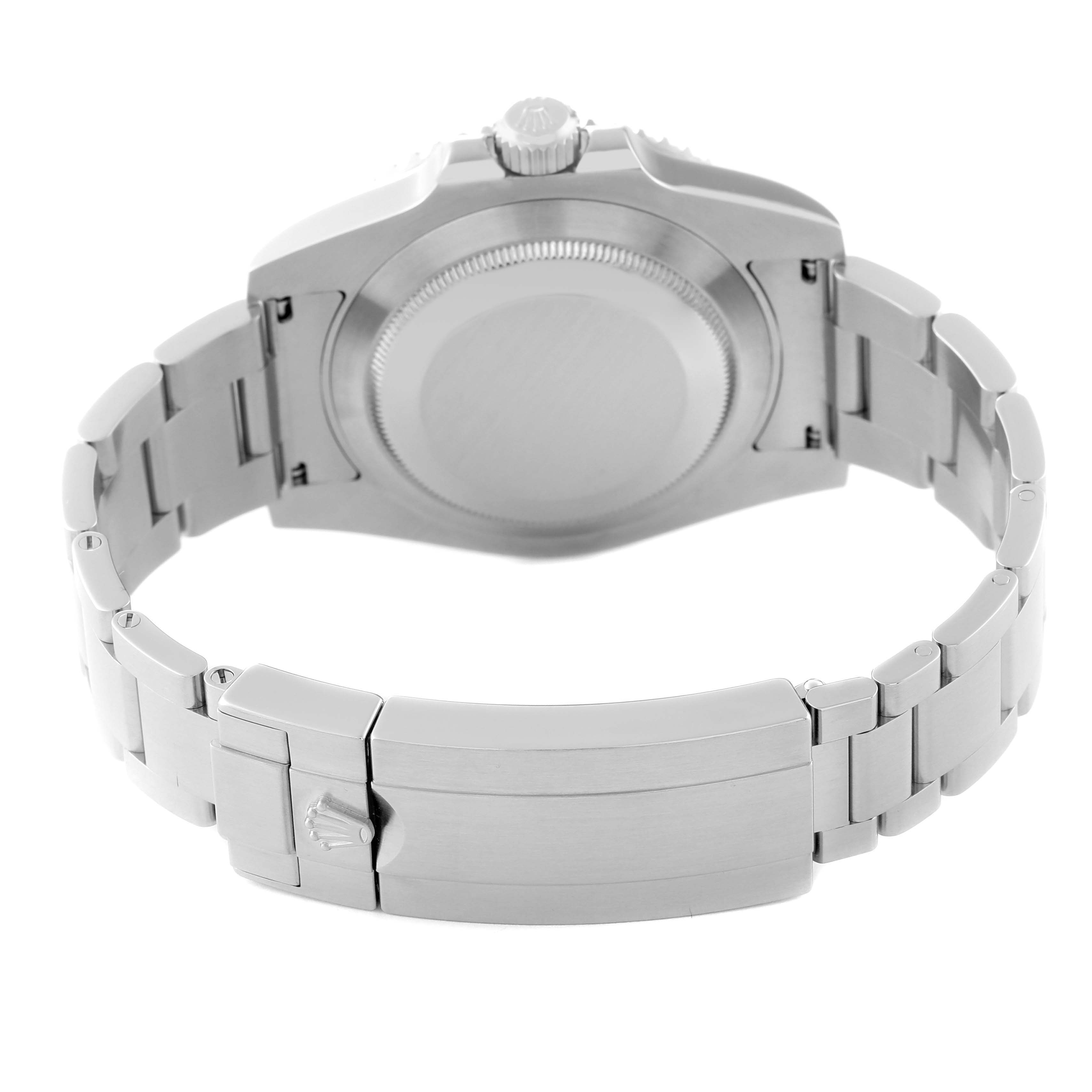 This image shows the back case and bracelet clasp of a Rolex Submariner 116610LV Men's Stainless Steel Green Dial 116610LV Men's Stainless Steel Green Dial watch.