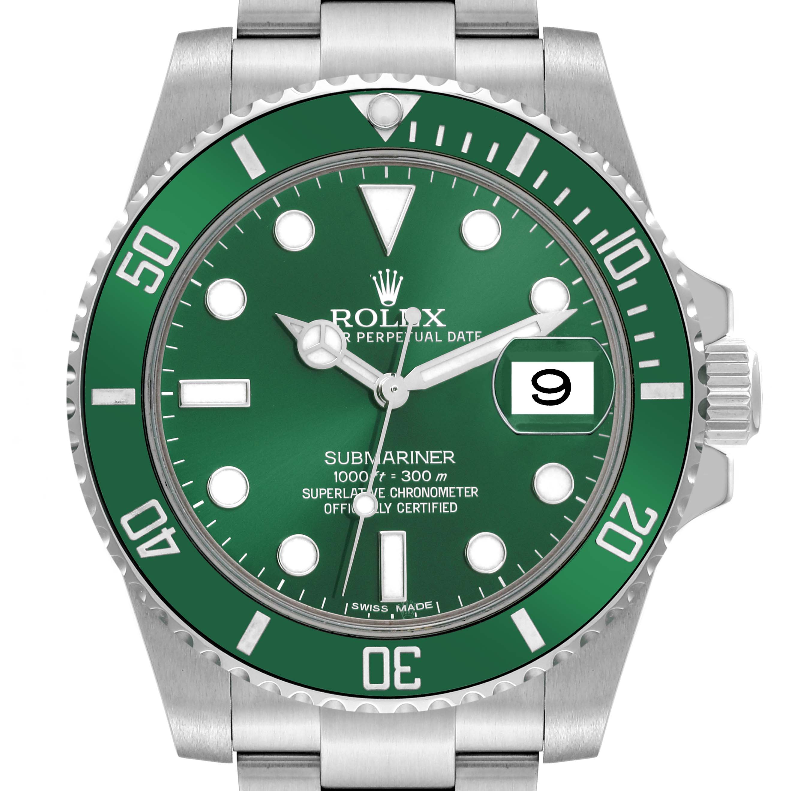 The image shows a front view of the Rolex Submariner 116610LV Men's Stainless Steel Green Dial 116610LV Men's Stainless Steel Green Dial watch with a green dial and bezel.