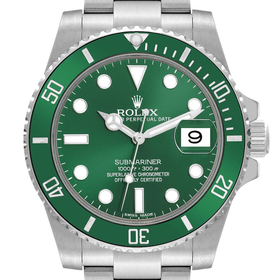 The image shows a front view of the Rolex Submariner watch with a green dial and bezel.