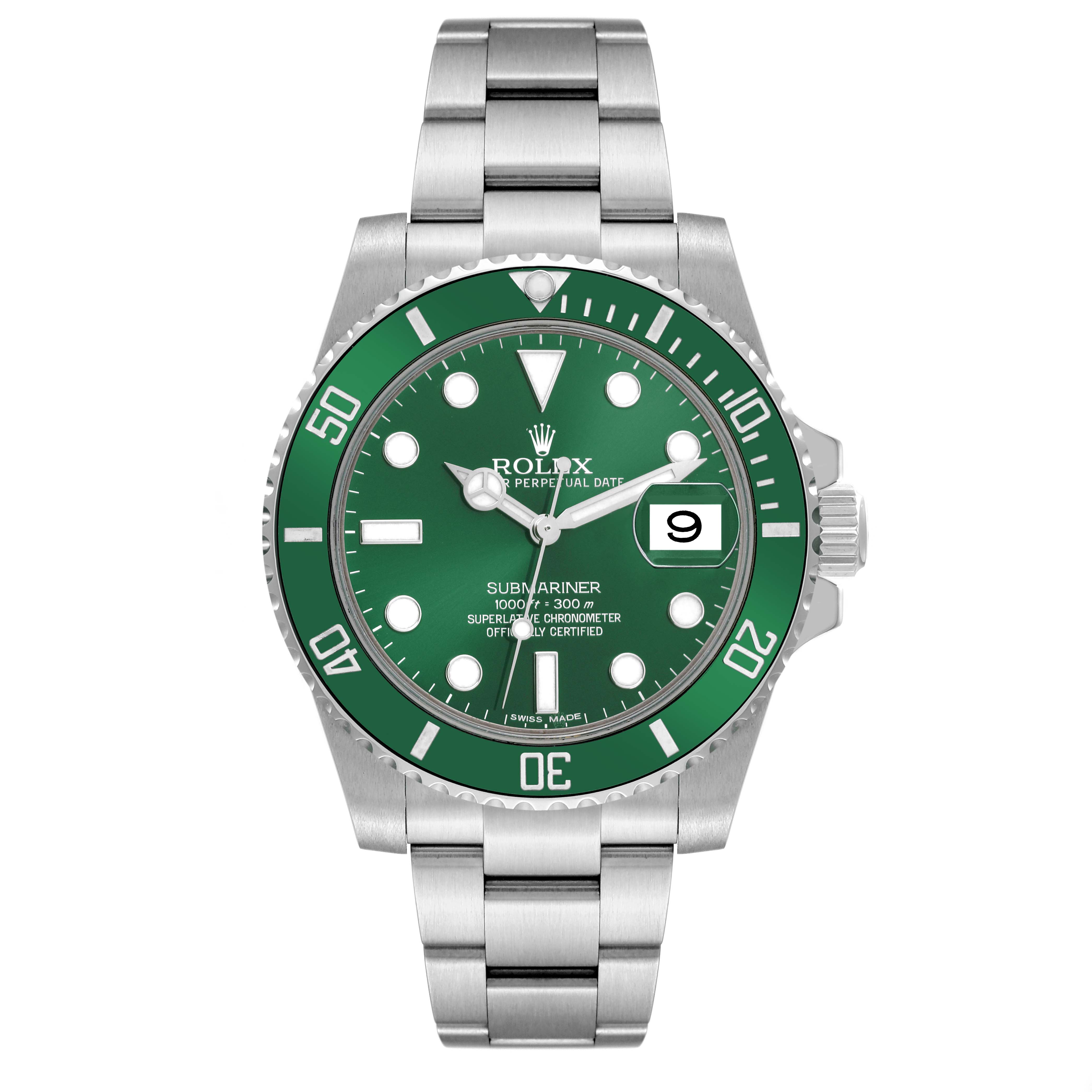 The image shows a front view of a Rolex Submariner 116610LV Men's Stainless Steel Green Dial 116610LV Men's Stainless Steel Green Dial watch with a green dial and bezel.