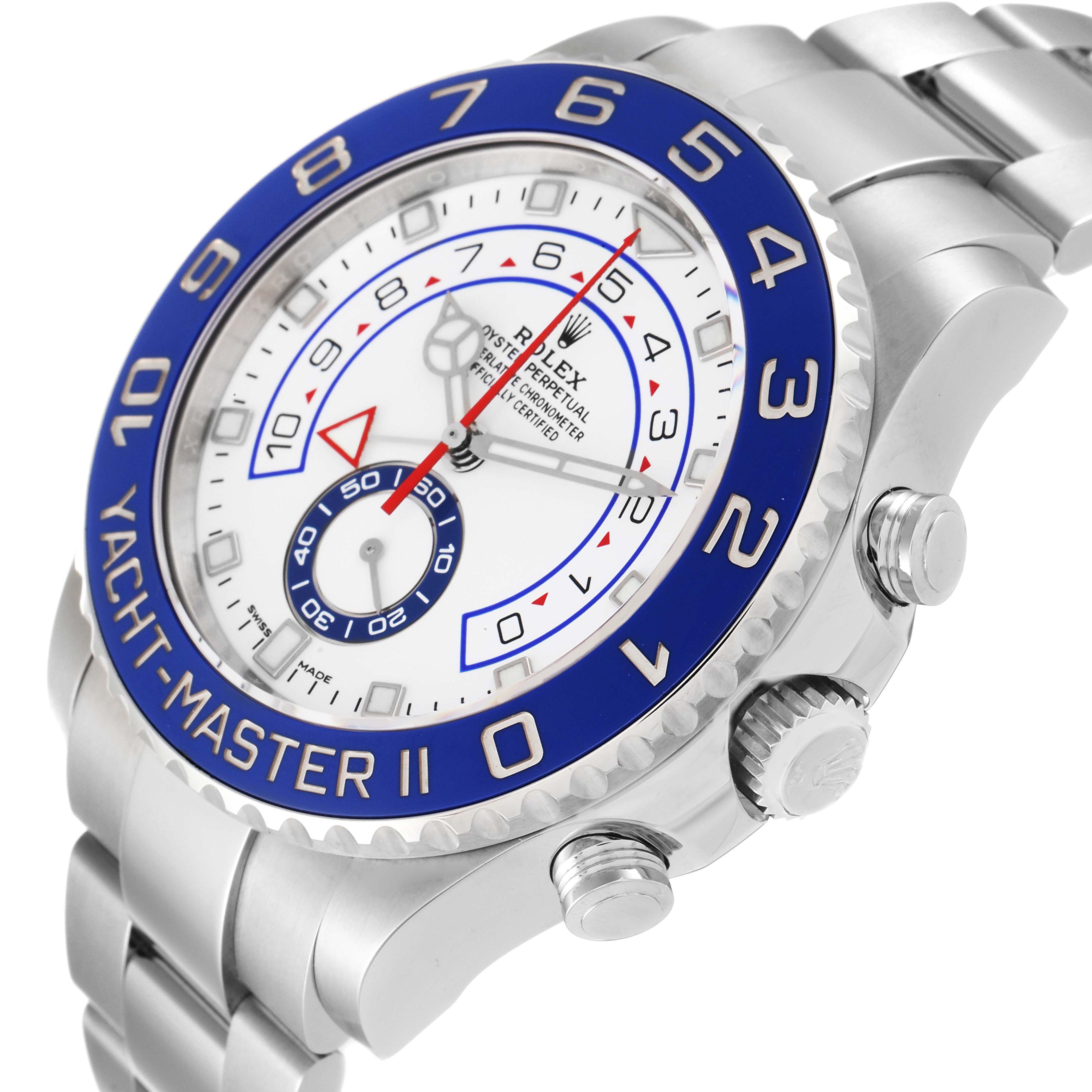 The image shows a close-up, angled side view of a Rolex Yacht-Master 116680 Men's Stainless Steel White Dial 116680 Men's Stainless Steel White Dial II watch, highlighting the dial, bezel, and crown.