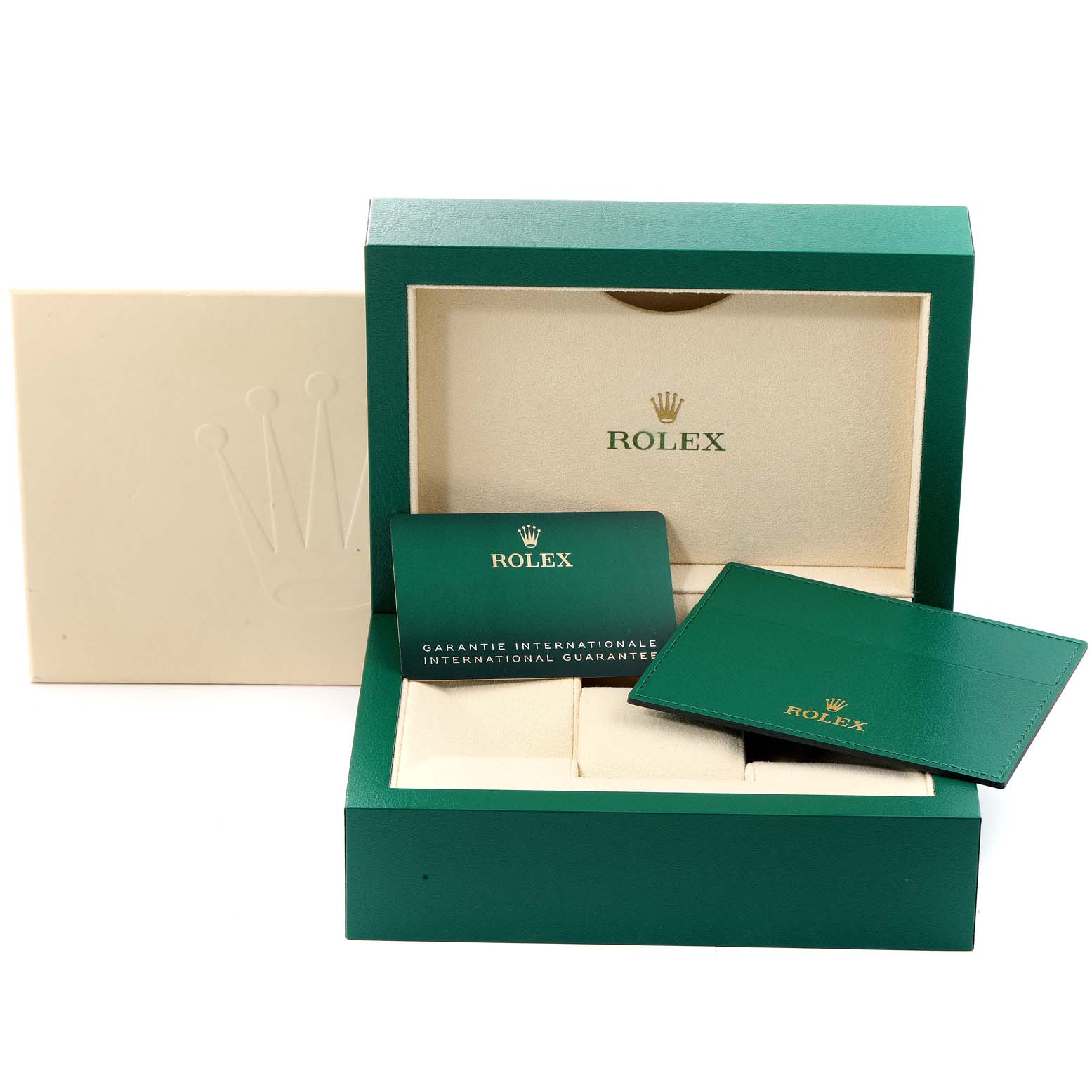 The image shows the packaging box and international guarantee cards for a Rolex Yacht-Master 116680 Men's Stainless Steel White Dial 116680 Men's Stainless Steel White Dial watch.