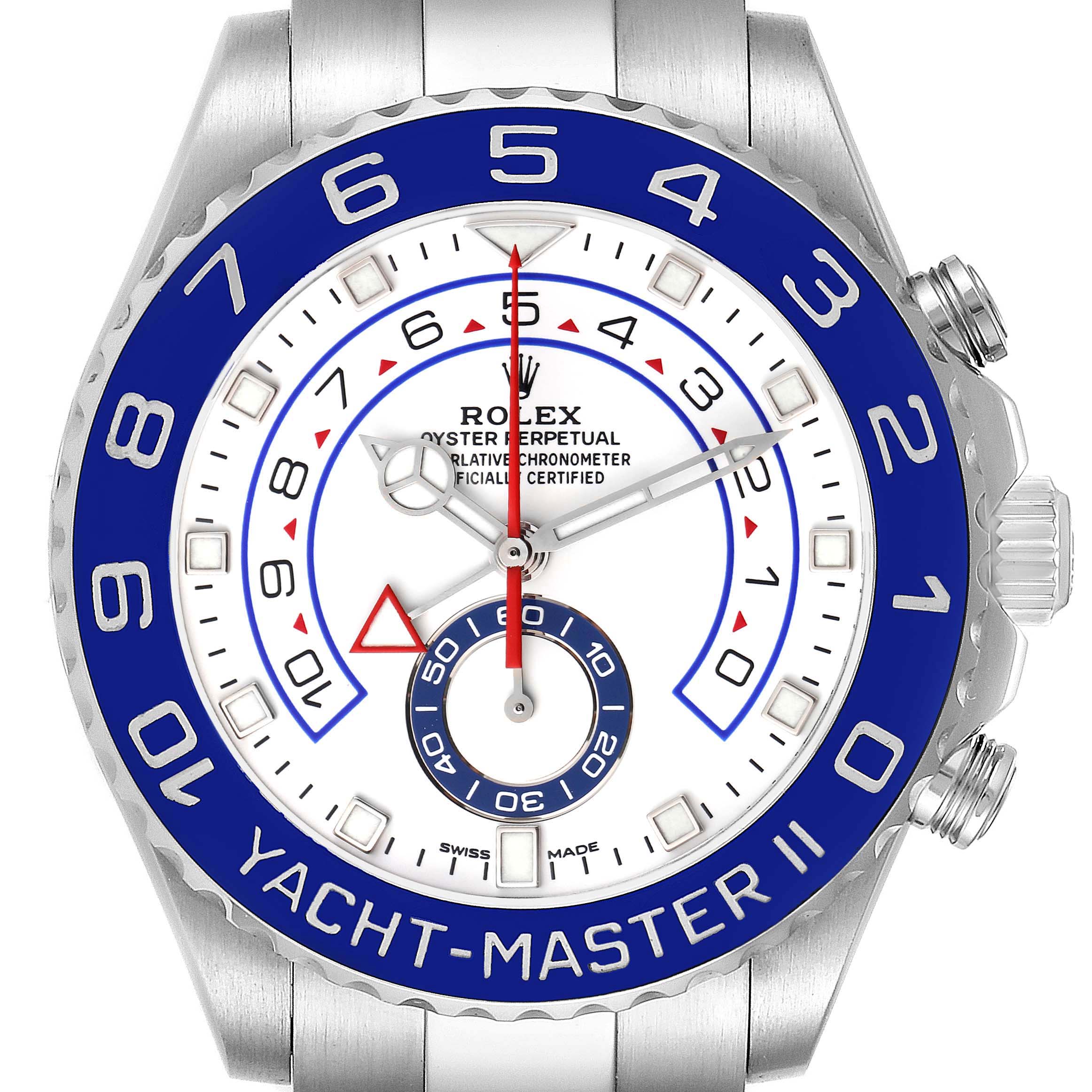 The image displays a close-up, frontal view of a Rolex Yacht-Master 116680 Men's Stainless Steel White Dial 116680 Men's Stainless Steel White Dial II watch, highlighting its bezel, dial, and hands.