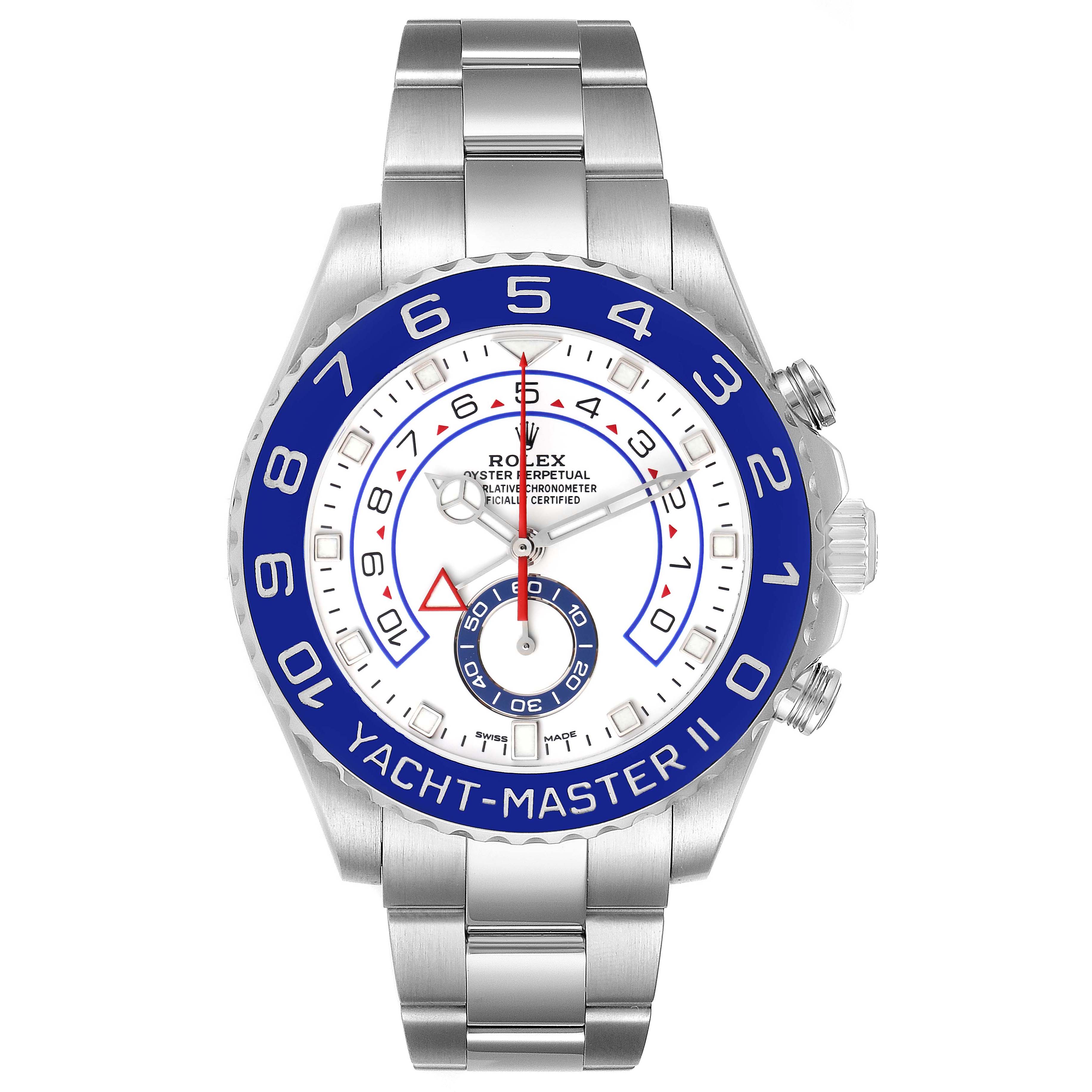 The Rolex Yacht-Master 116680 Men's Stainless Steel White Dial 116680 Men's Stainless Steel White Dial watch is shown from the front, displaying the dial, bezel, and part of the metal bracelet.