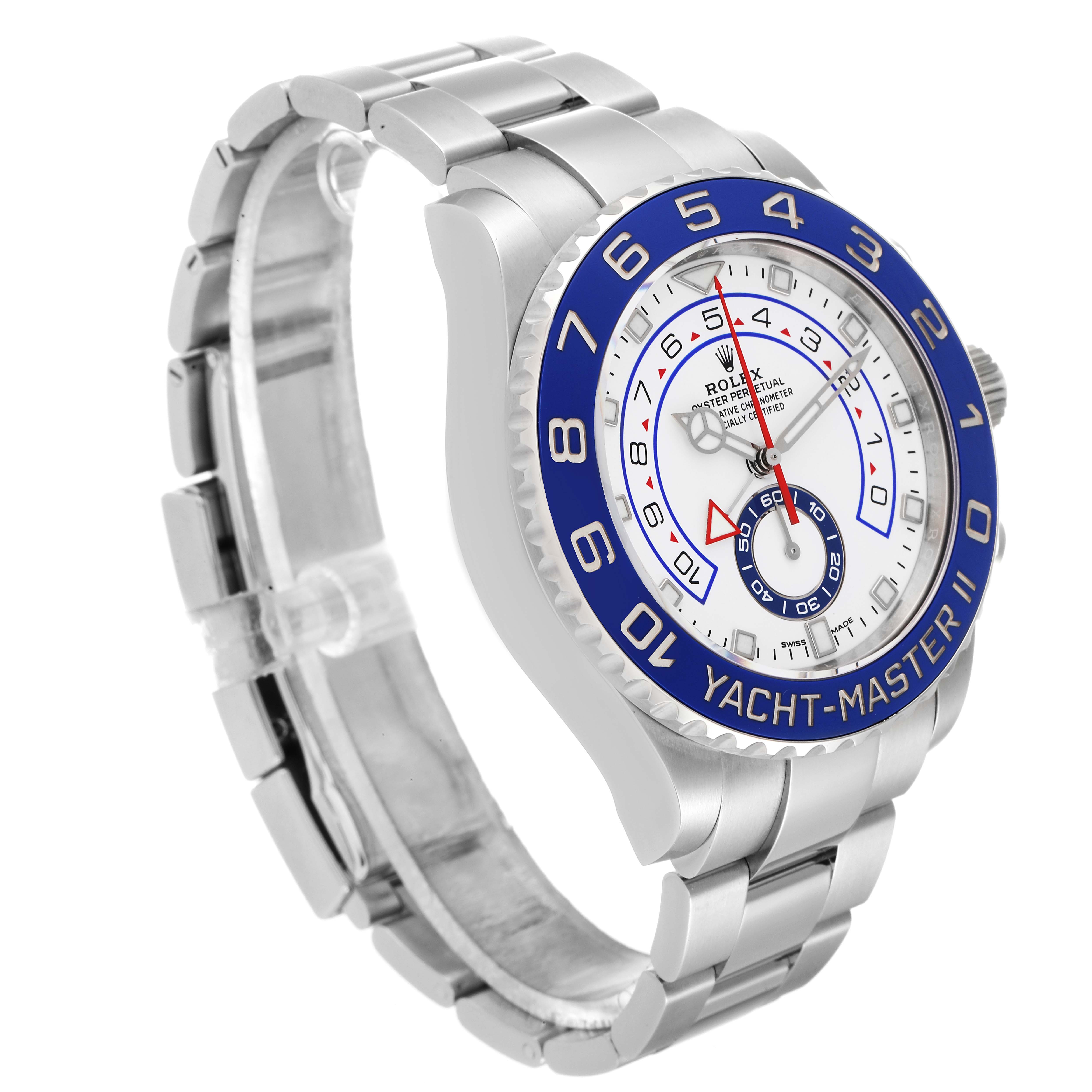 The image shows a side angle of a Rolex Yacht-Master 116680 Men's Stainless Steel White Dial 116680 Men's Stainless Steel White Dial II watch, highlighting the bracelet, bezel, and partial dial.