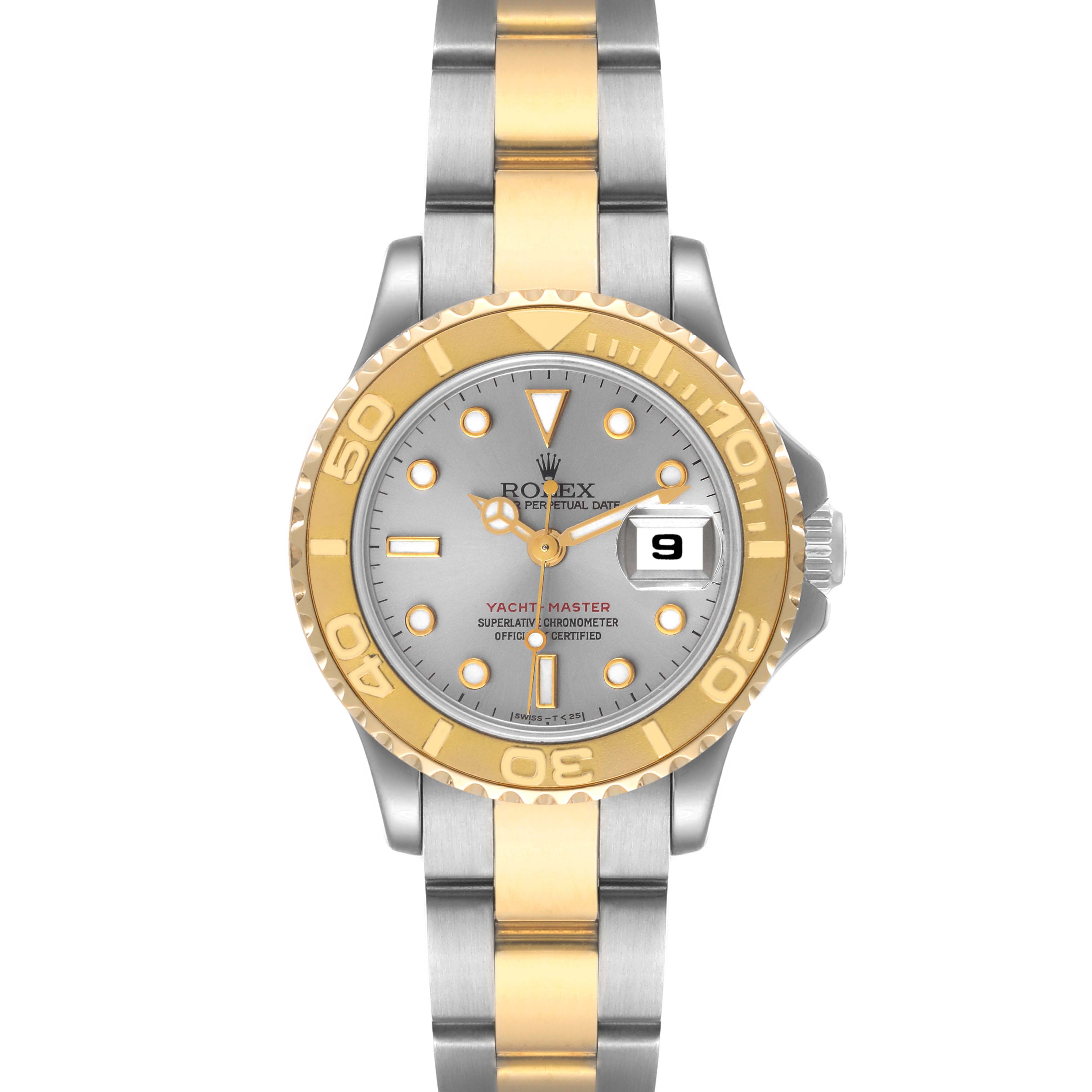 The image shows a front view of the Rolex Yacht-Master 69623 Women's Steel and Gold (two tone) Grey Dial 69623 Women's Steel and Gold (two tone) Grey Dial watch, highlighting its dial, bezel, and bracelet.