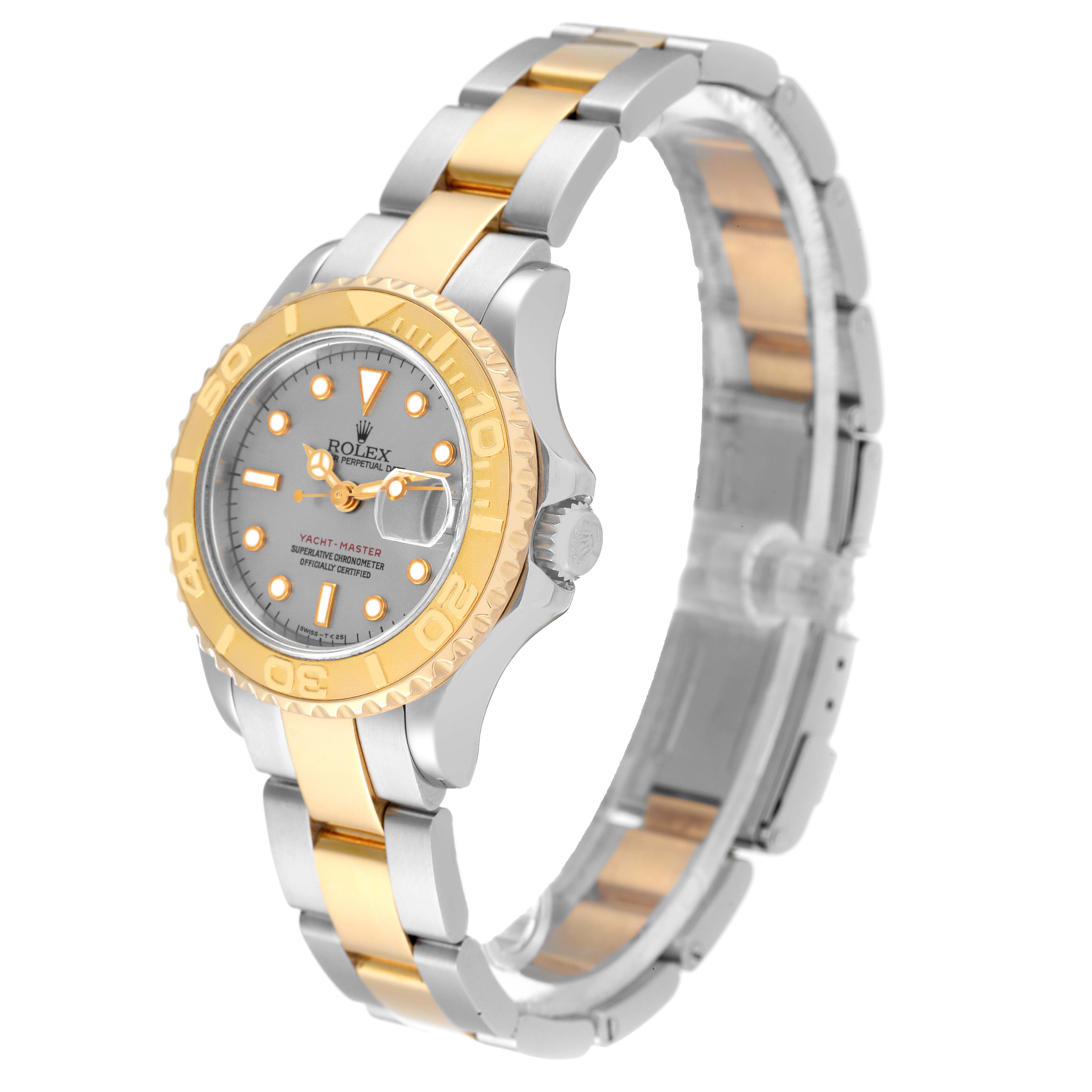 The image shows a Rolex Yacht-Master 69623 Women's Steel and Gold (two tone) Grey Dial 69623 Women's Steel and Gold (two tone) Grey Dial watch at an angle that highlights the dial, bezel, and two-tone bracelet.