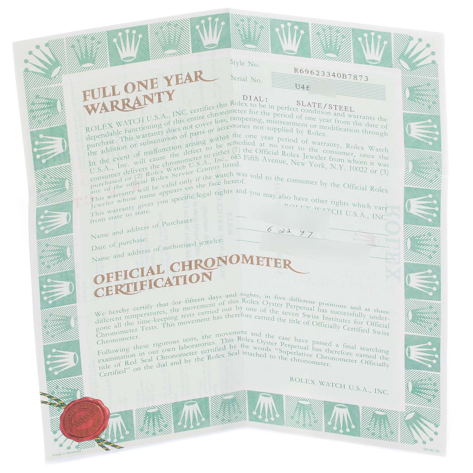 The image shows a full one-year warranty and official chronometer certification paper for a Rolex Yacht-Master 69623 Women's Steel and Gold (two tone) Grey Dial 69623 Women's Steel and Gold (two tone) Grey Dial watch.