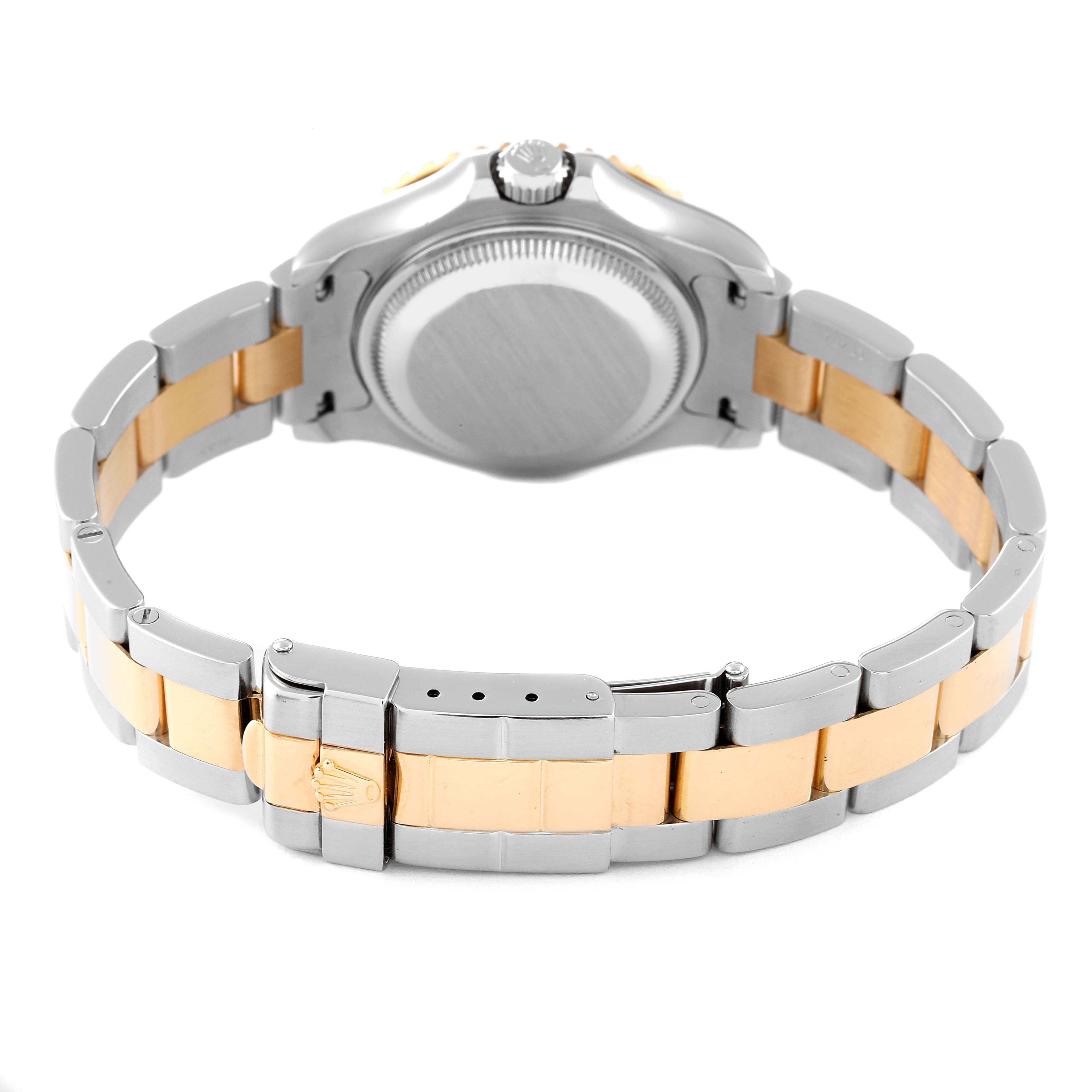 This image shows the back view of the Rolex Yacht-Master 69623 Women's Steel and Gold (two tone) Grey Dial 69623 Women's Steel and Gold (two tone) Grey Dial watch, highlighting its clasp and two-tone metal band.