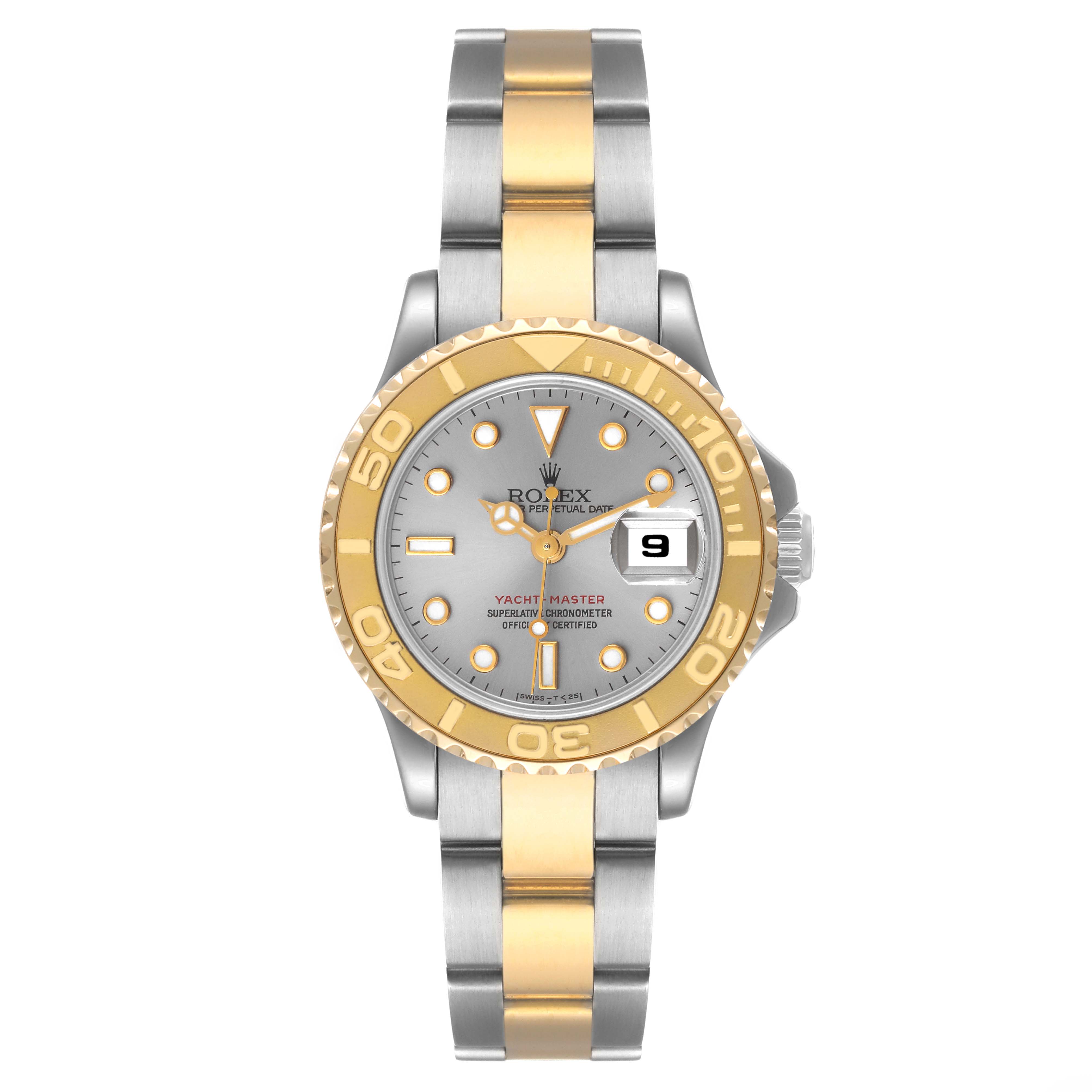 The image shows a front view of a Rolex Yacht-Master 69623 Women's Steel and Gold (two tone) Grey Dial 69623 Women's Steel and Gold (two tone) Grey Dial watch, highlighting its dial, bezel, and two-tone bracelet.
