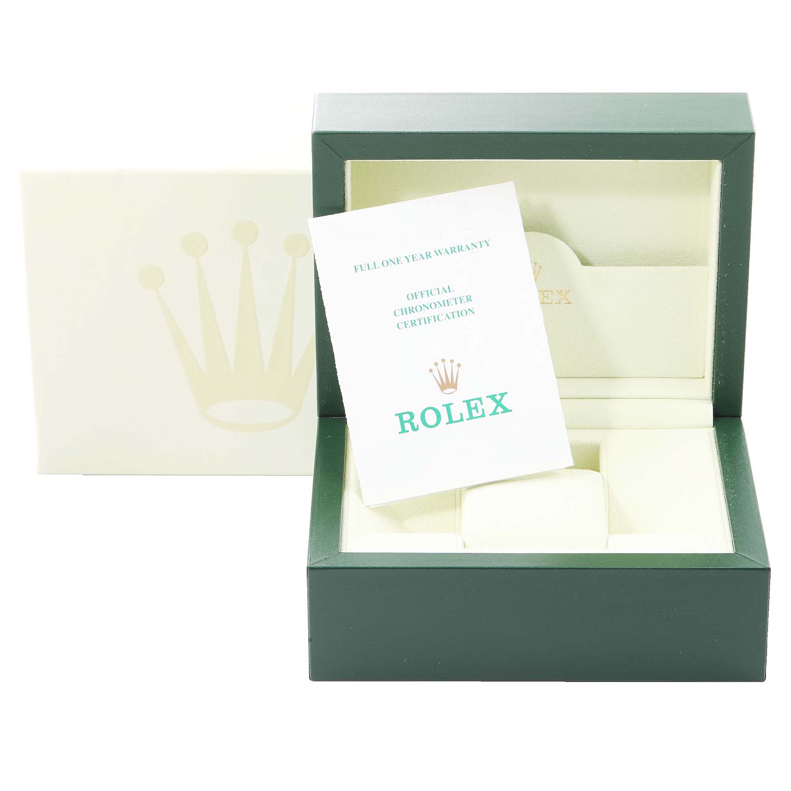 The image shows a green Rolex Yacht-Master 69623 Women's Steel and Gold (two tone) Grey Dial 69623 Women's Steel and Gold (two tone) Grey Dial watch box with a warranty card and official chronometer certification.