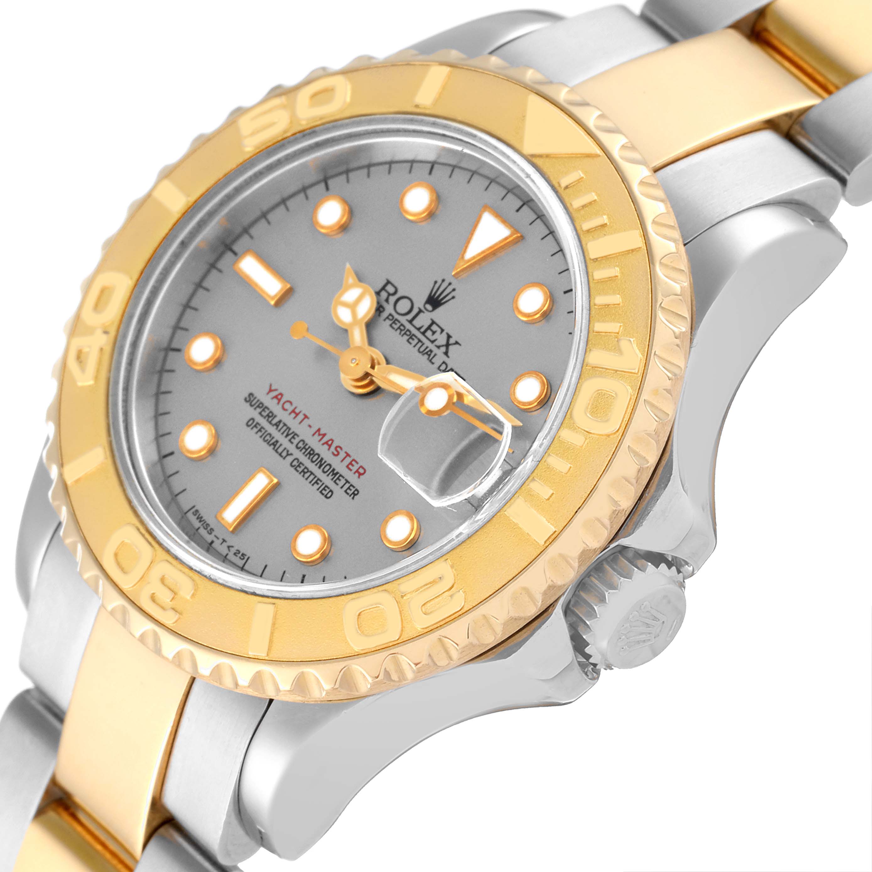 This Rolex Yacht-Master 69623 Women's Steel and Gold (two tone) Grey Dial 69623 Women's Steel and Gold (two tone) Grey Dial watch is shown at a slight angle, highlighting the dial, bezel, crown, and part of the bracelet.